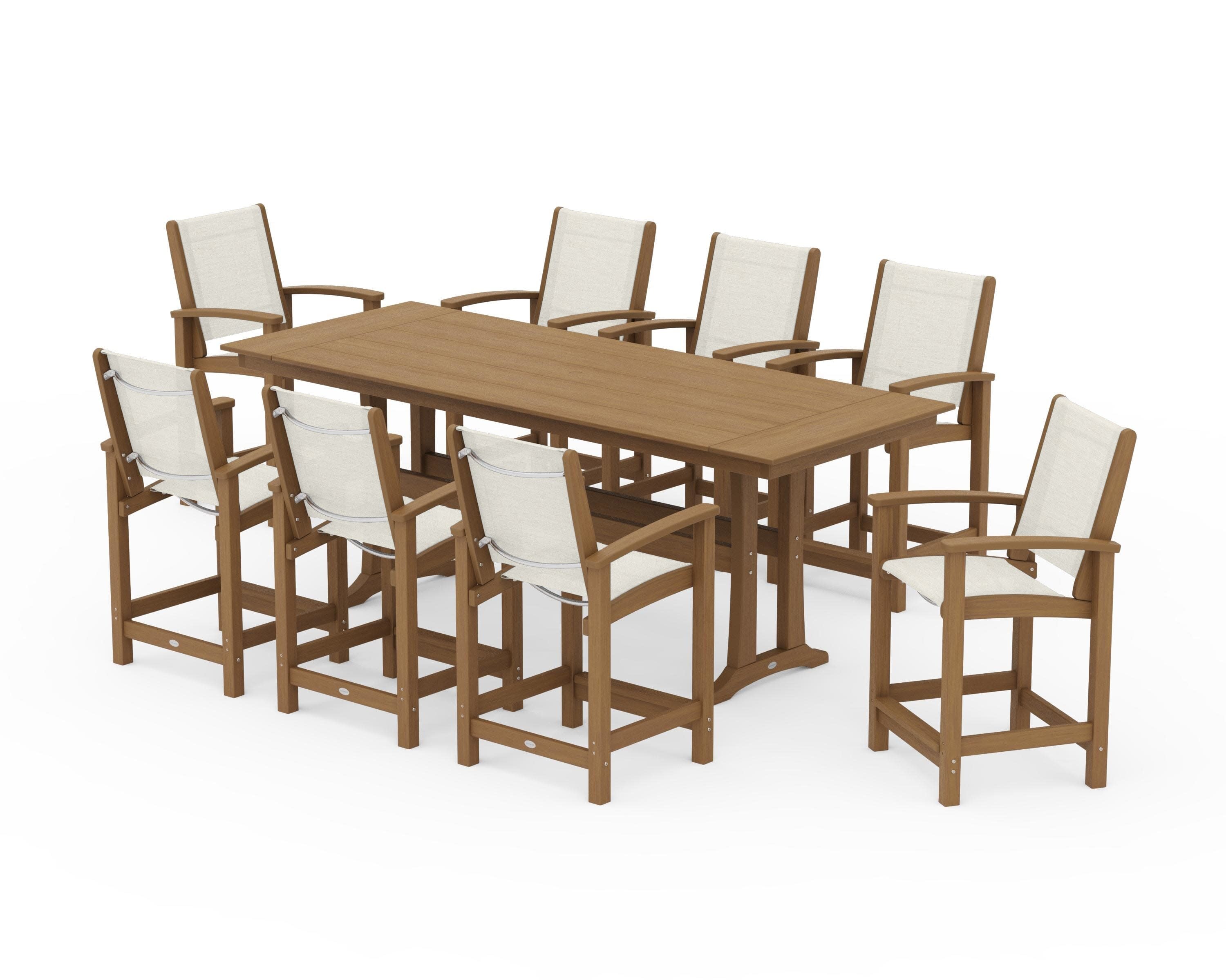 Coastal 9-Piece Farmhouse Counter Set with Trestle Legs in Natural / Parchment Sling