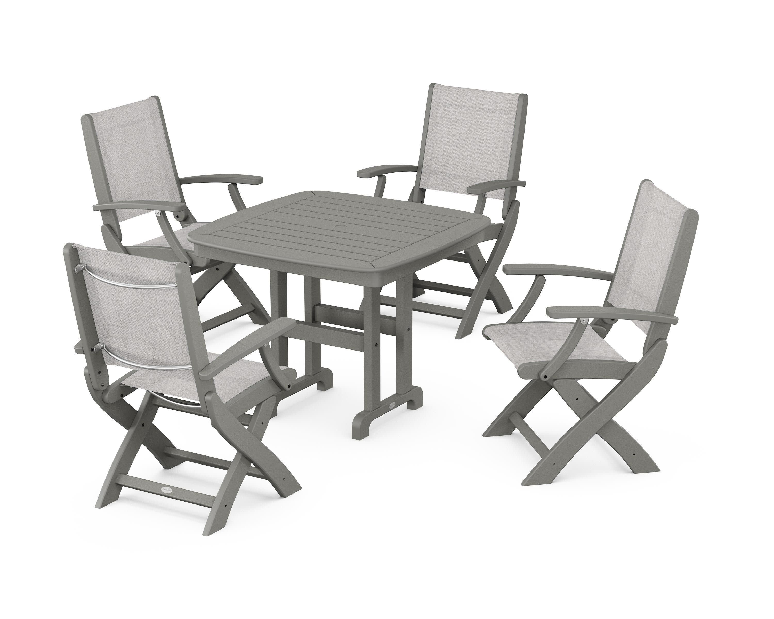 Coastal Folding Chair 5-Piece Dining Set in Slate Grey / Parchment Sling