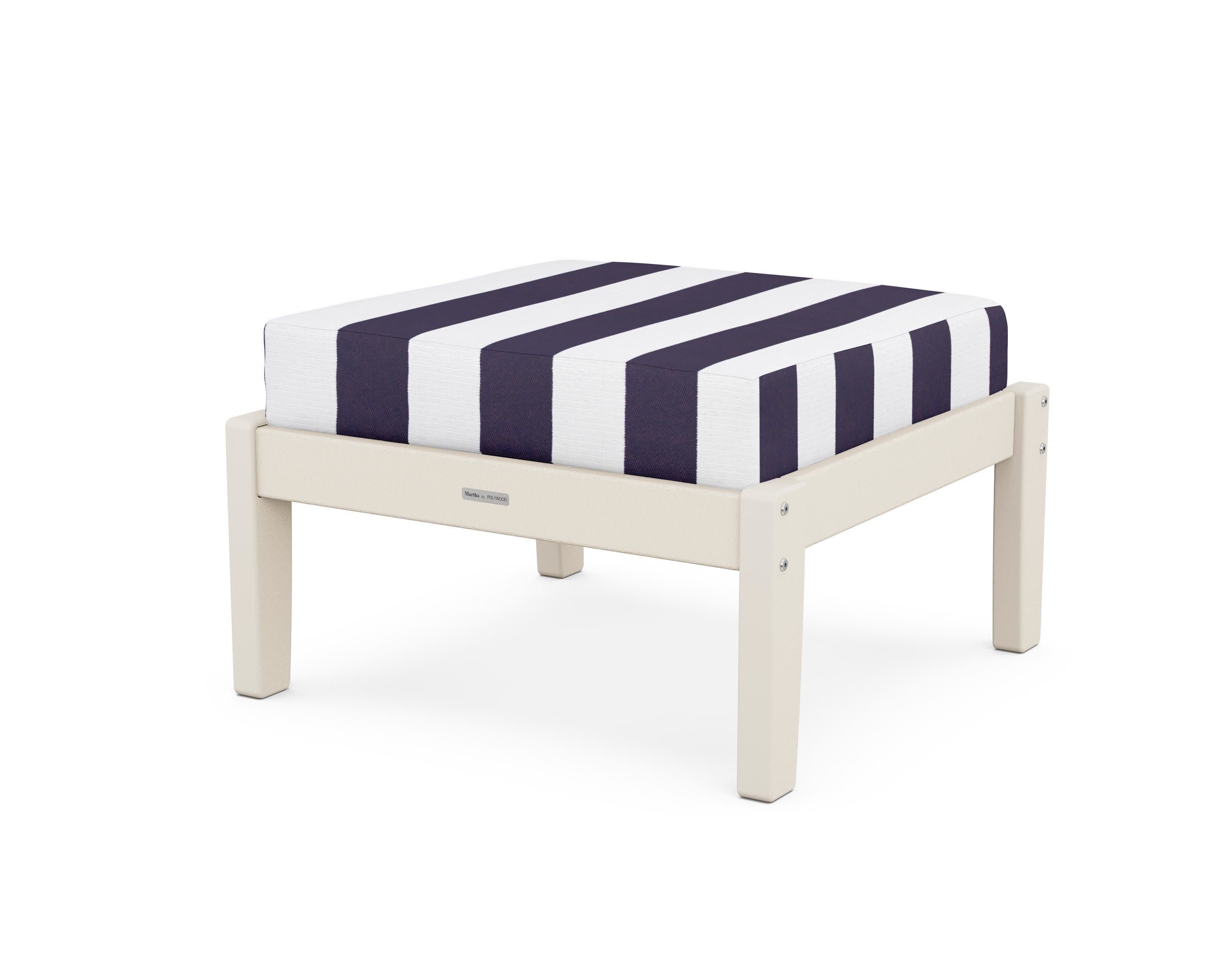 Chinoiserie Deep Seating Ottoman in Sand / Cabana Stripe Navy