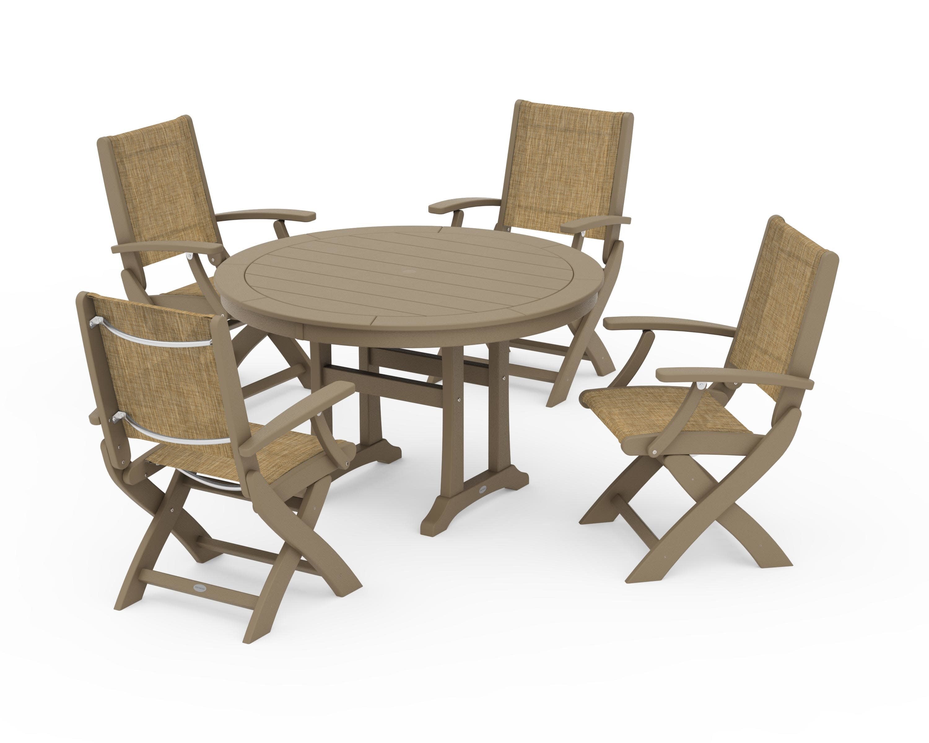 Coastal Folding Chair 5-Piece Round Dining Set with Trestle Legs in Vintage Sahara / Burlap Sling