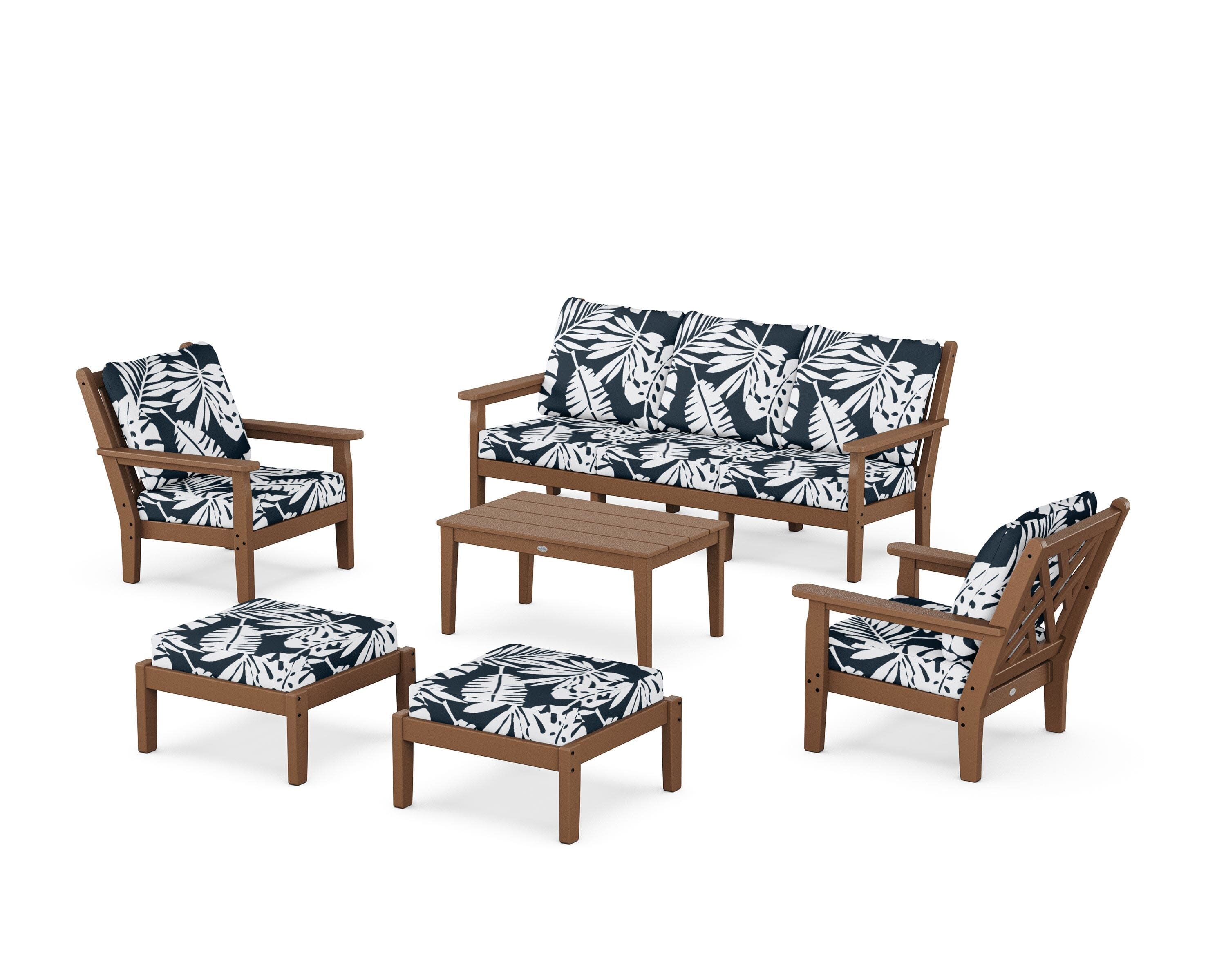 Chippendale 6-Piece Lounge Sofa Set in Teak / Leaf Marine Indigo