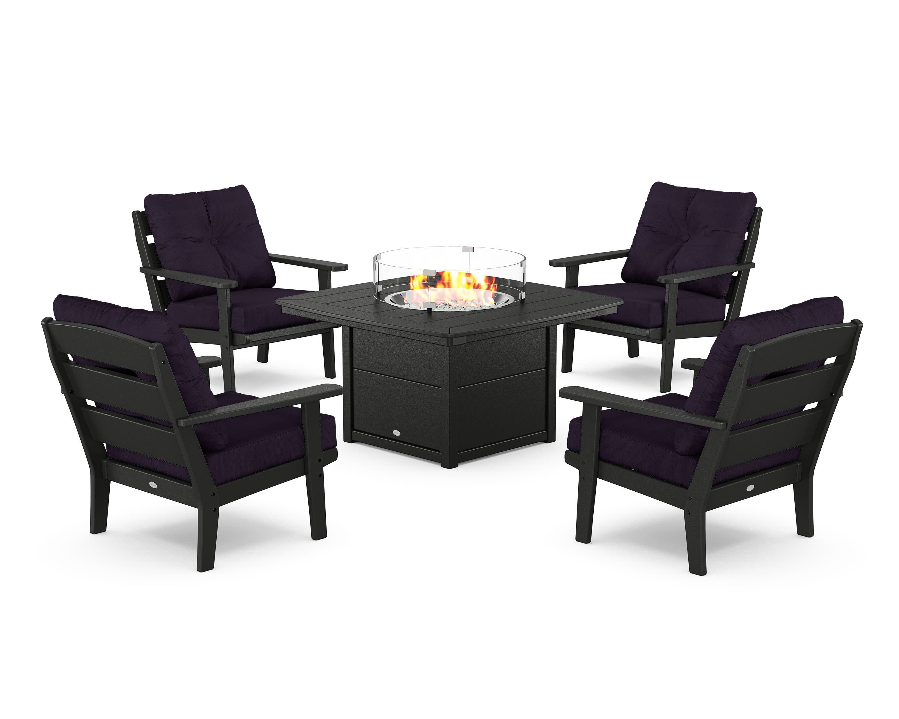 Lakeside 5-Piece Deep Seating Set with Nautical Fire Pit Table in Black / Navy Linen