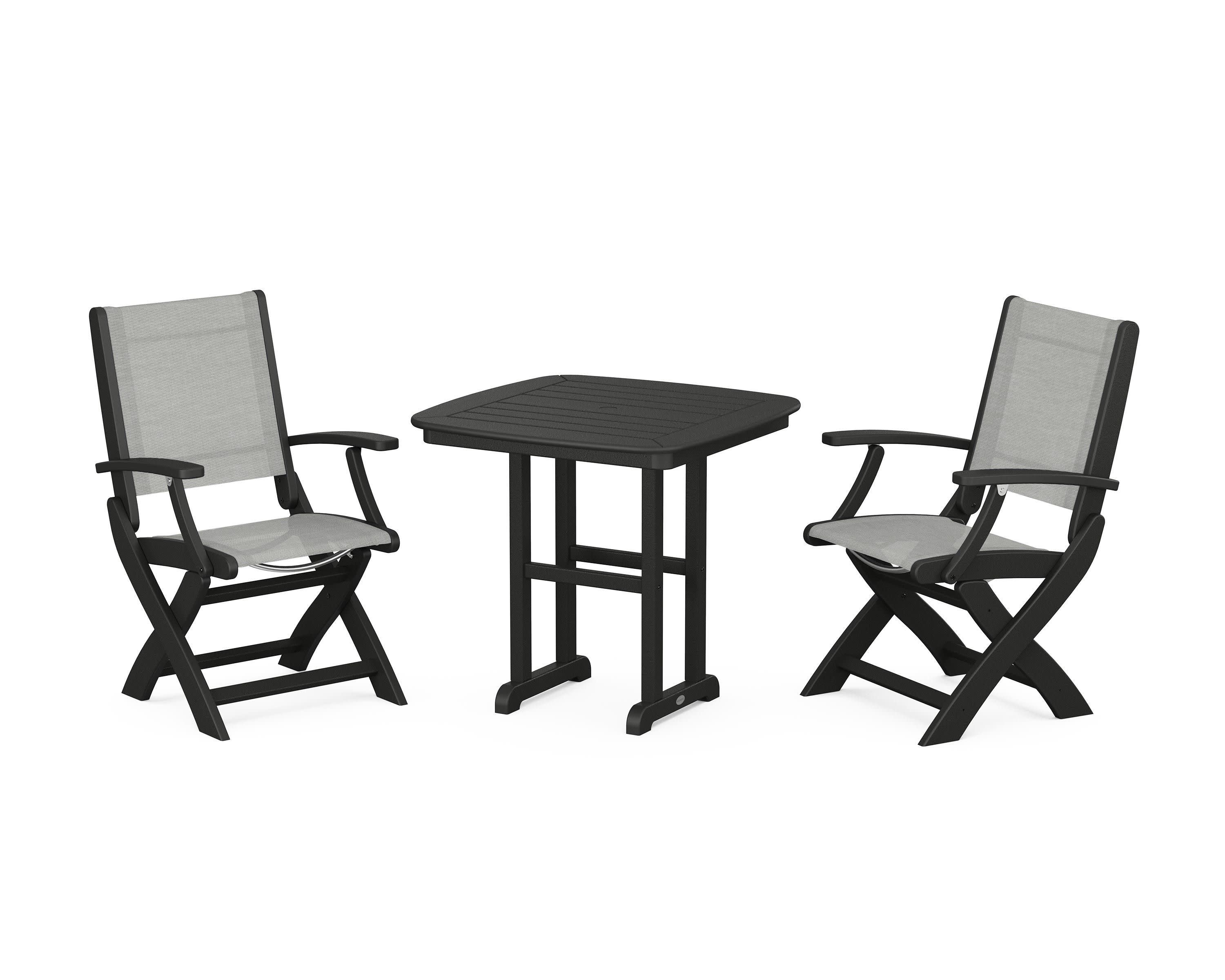 Coastal Folding Chair 3-Piece Dining Set in Black / Metallic Sling
