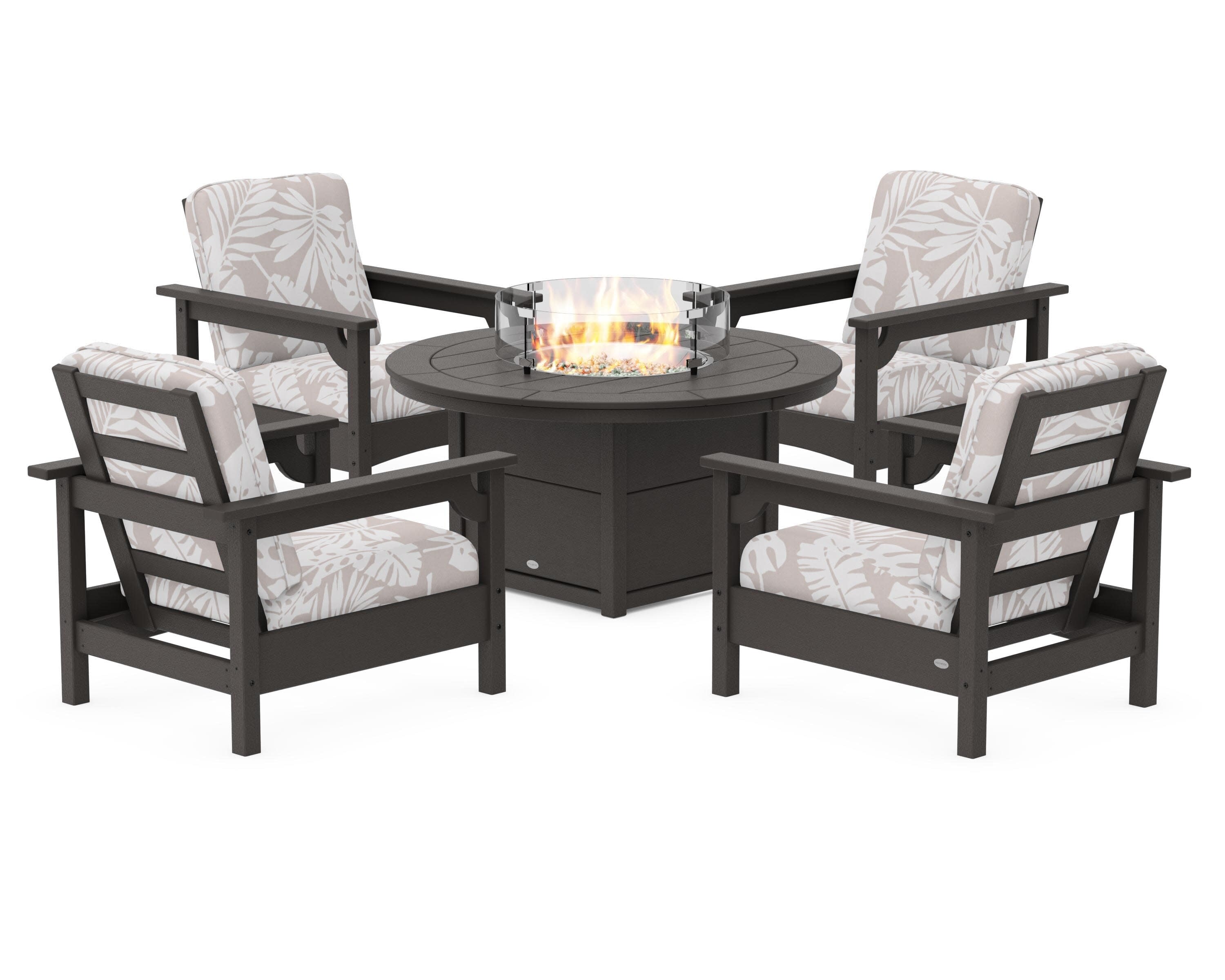 Club 5-Piece Conversation Set with Fire Pit Table in Vintage Coffee / Leaf Dune Burlap