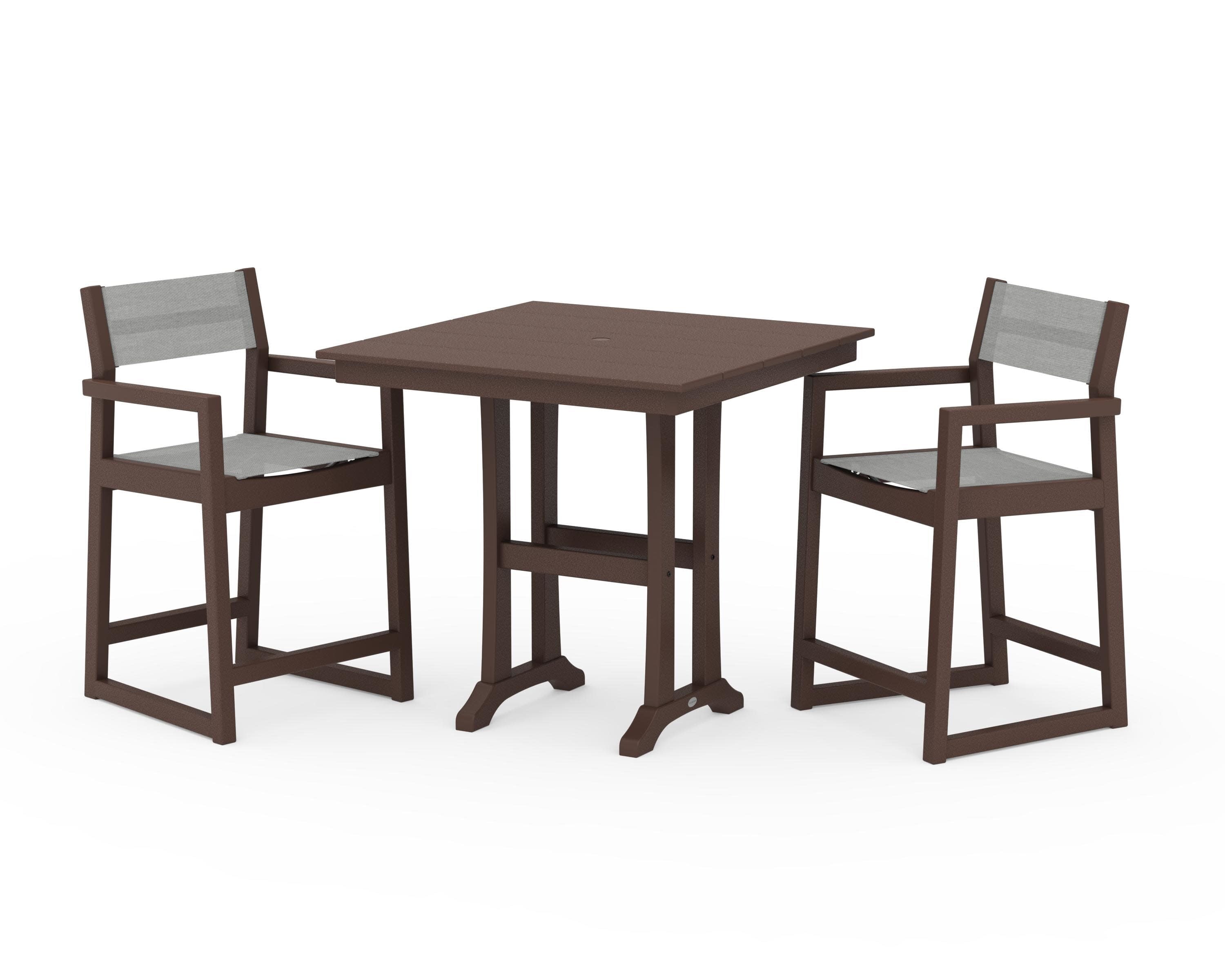 EDGE Sling Arm Chair 3-Piece Farmhouse Counter Set with Trestle Legs in Mahogany / Metallic Sling