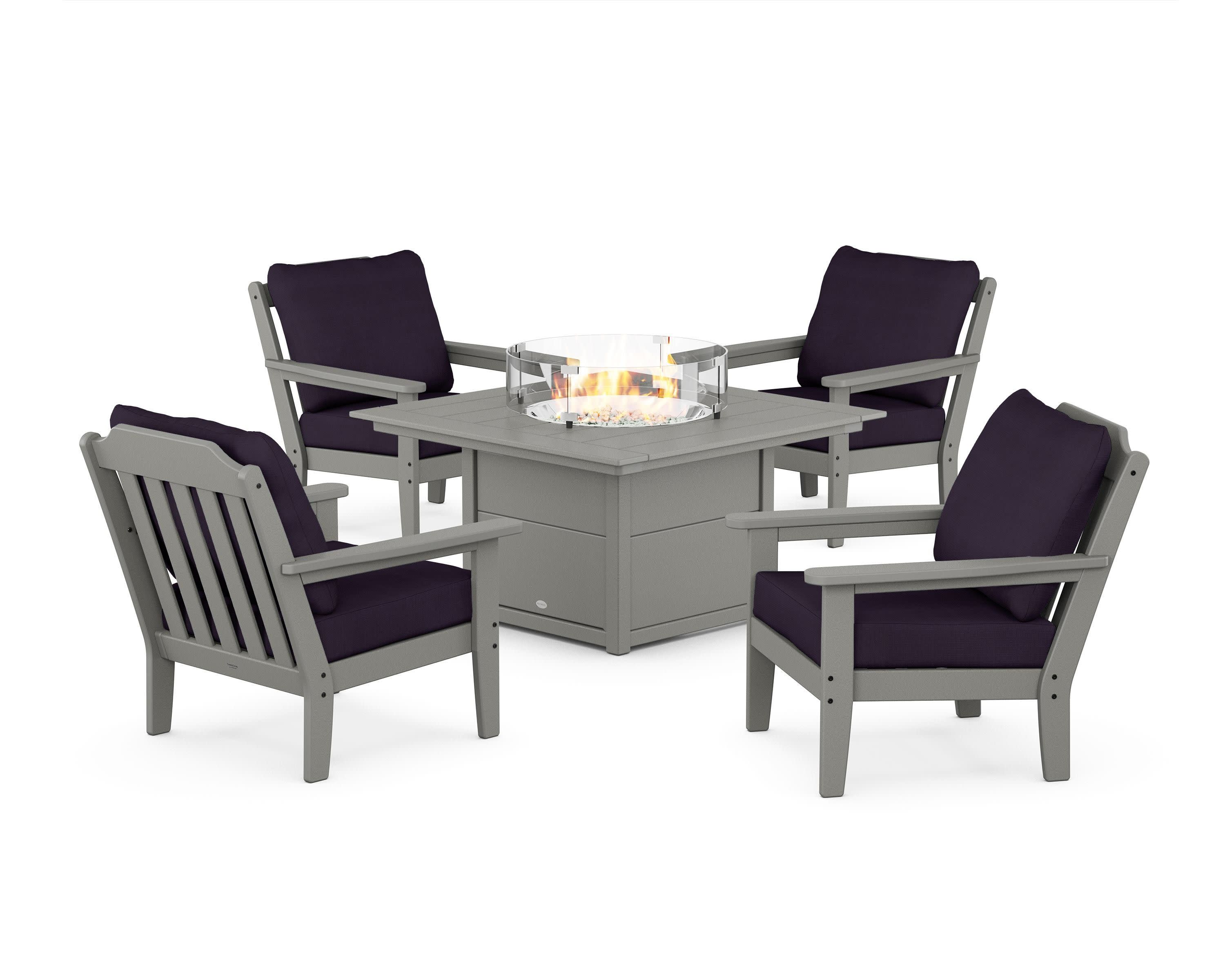 Cottage 5-Piece Deep Seating Set with Fire Pit Table in Slate Grey / Navy Linen