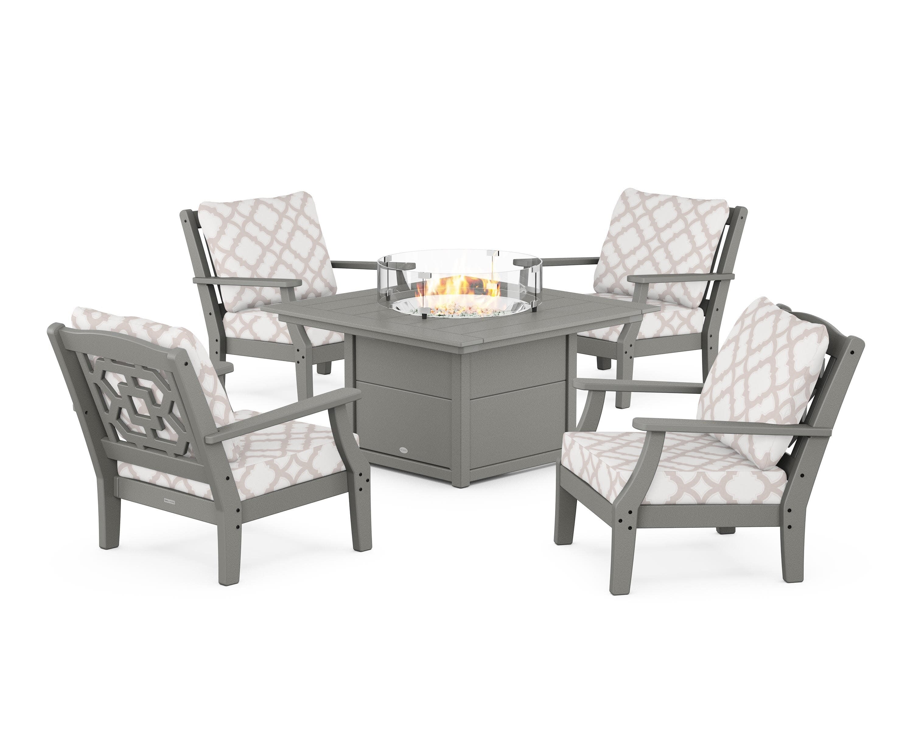 Chinoiserie 5-Piece Deep Seating Set with Fire Pit Table in Slate Grey / Trellis Dune Burlap