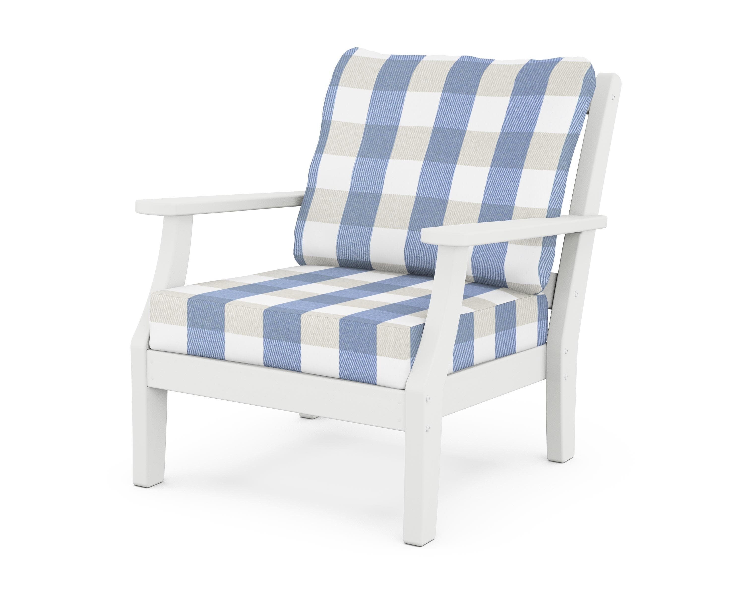 Chinoiserie Deep Seating Chair in White / Buffalo Plaid Sky Blue