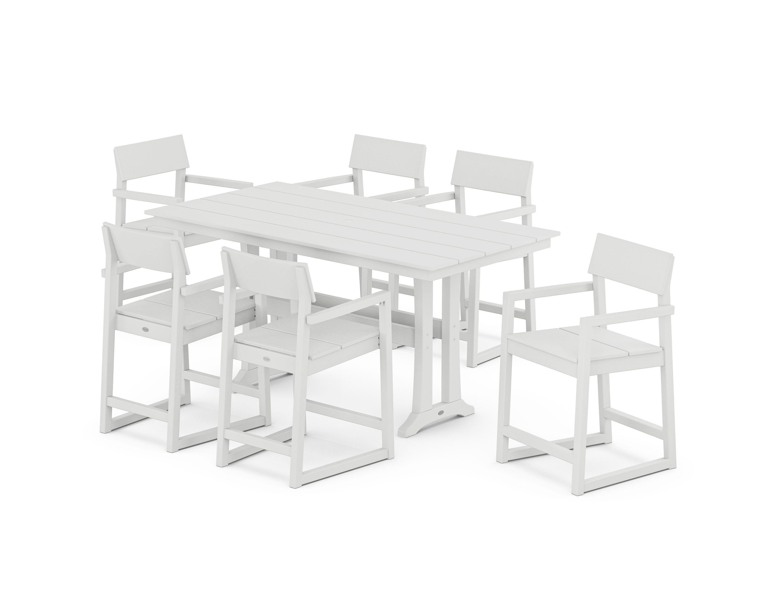 EDGE Arm Chair 7-Piece Farmhouse Counter Set with Trestle Legs in White