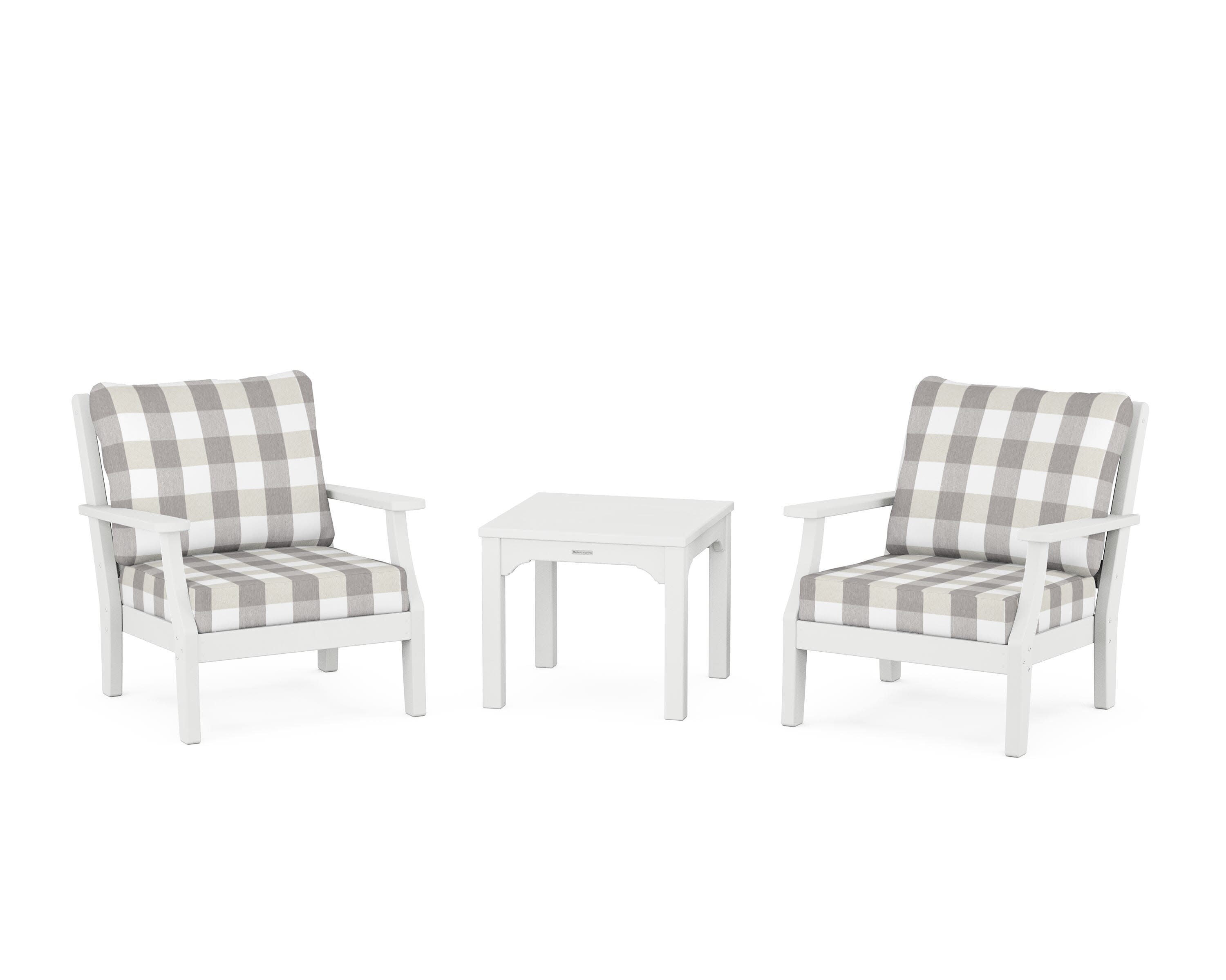 Chinoiserie 3-Piece Deep Seating Set in White / Buffalo Plaid Grey Mist