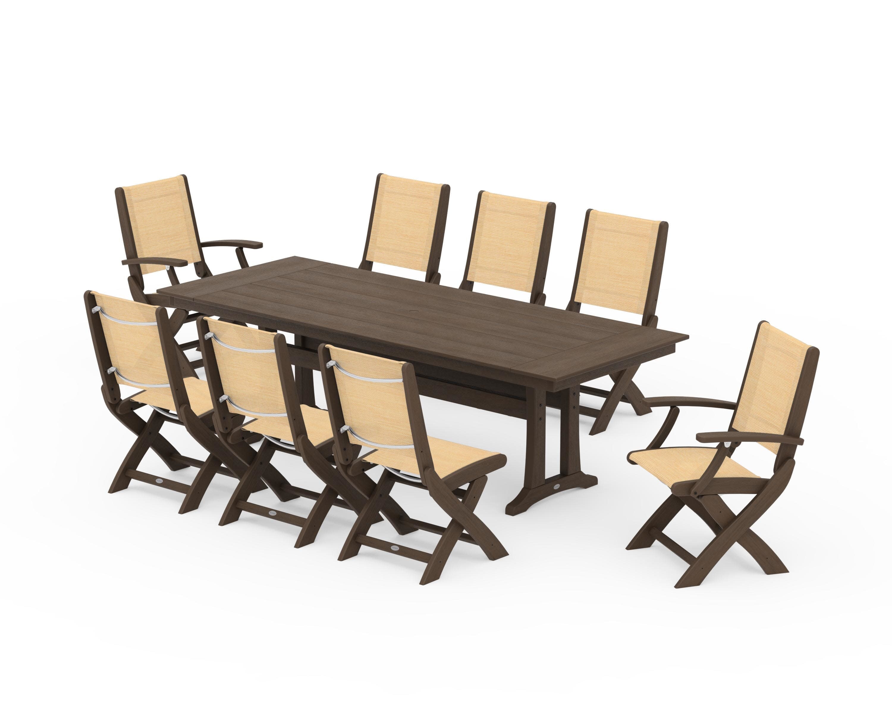 Coastal 9-Piece Folding Dining Chair Farmhouse Dining Set with Trestle Legs in Kona / Dupioni Apricot Sling