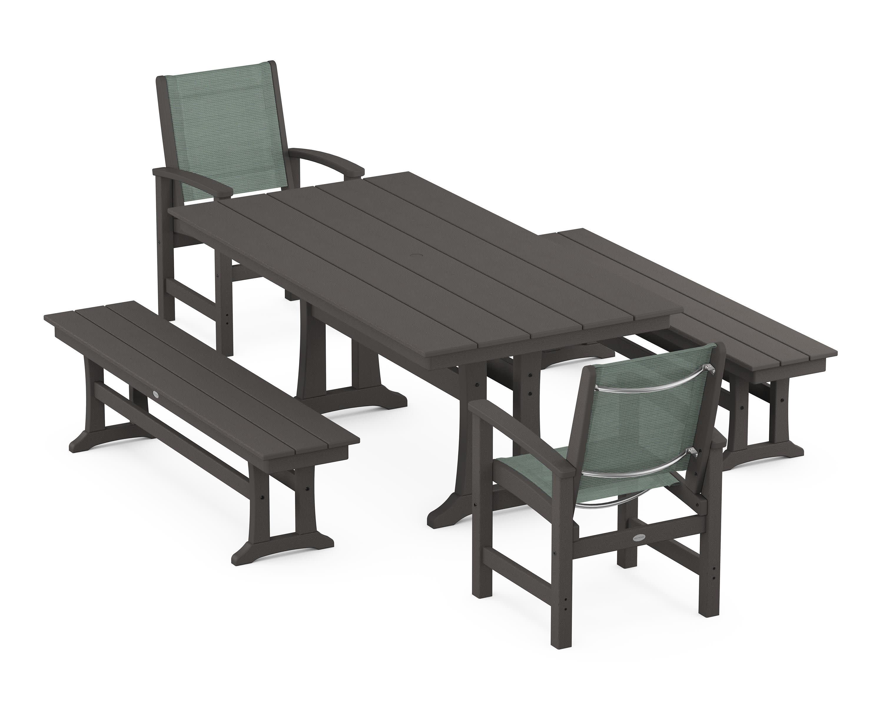 Coastal 5-Piece Farmhouse Dining Set with Trestle Legs and Benches in Vintage Coffee / Dupioni Sea Mist Sling