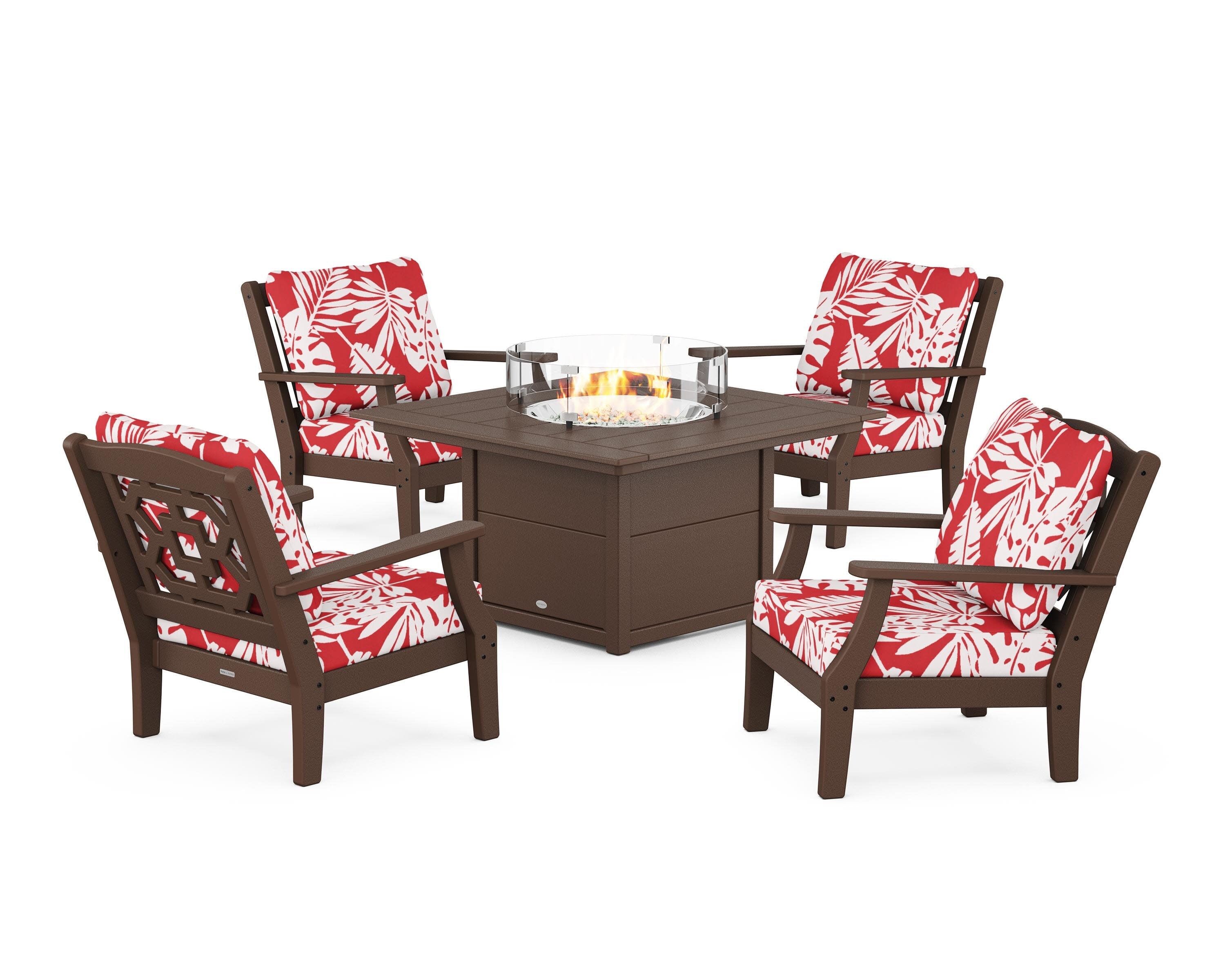 Chinoiserie 5-Piece Deep Seating Set with Fire Pit Table in Mahogany / Leaf Crimson