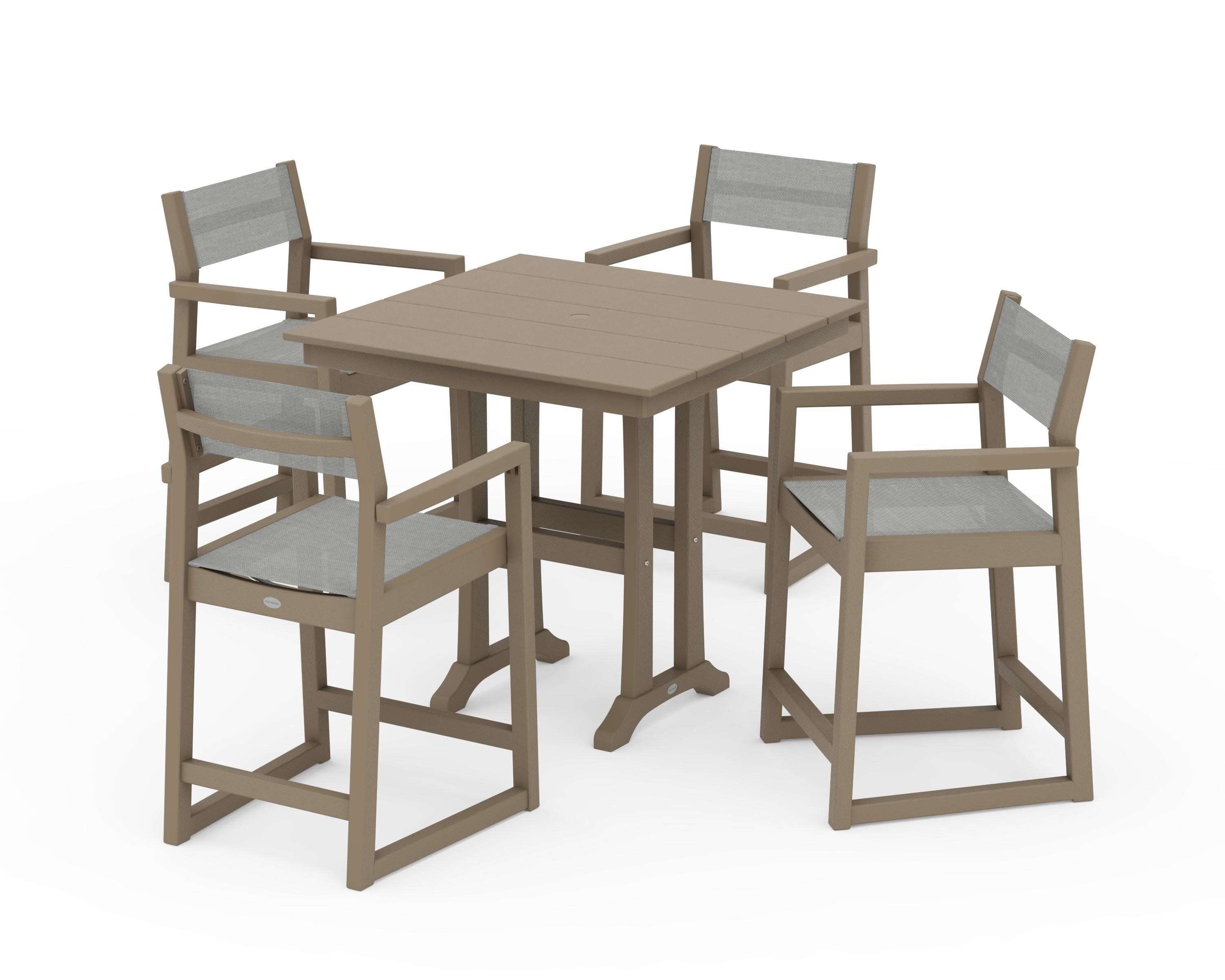 EDGE Sling Arm Chair 5-Piece Farmhouse Counter Set with Trestle Legs in Vintage Sahara / Metallic Sling