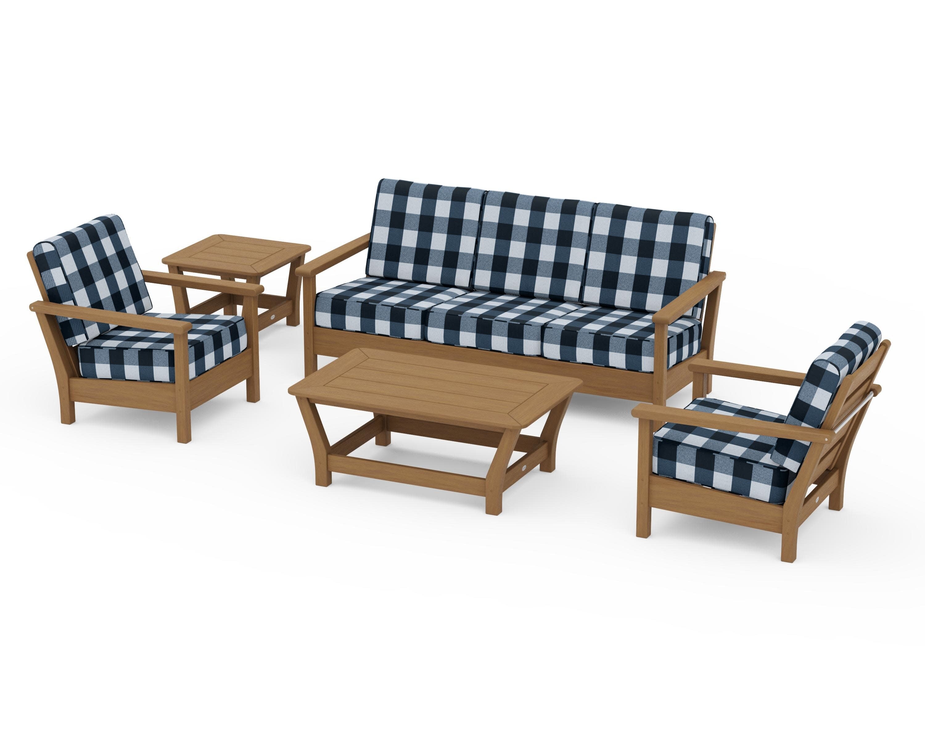 Harbour 5-Piece Deep Seating Set in Natural / Buffalo Plaid Marine Indigo
