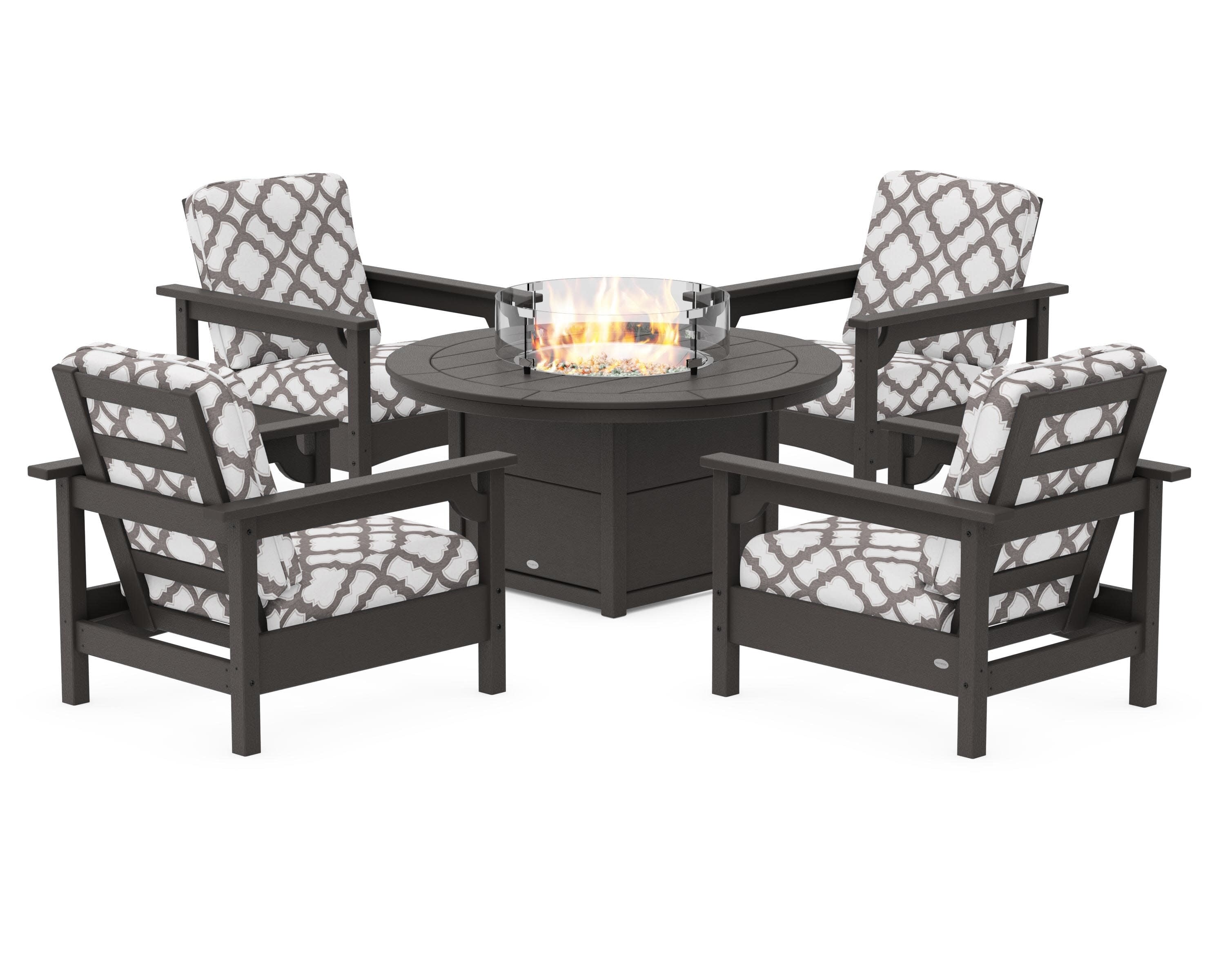 Club 5-Piece Conversation Set with Fire Pit Table in Vintage Coffee / Trellis Grey Mist