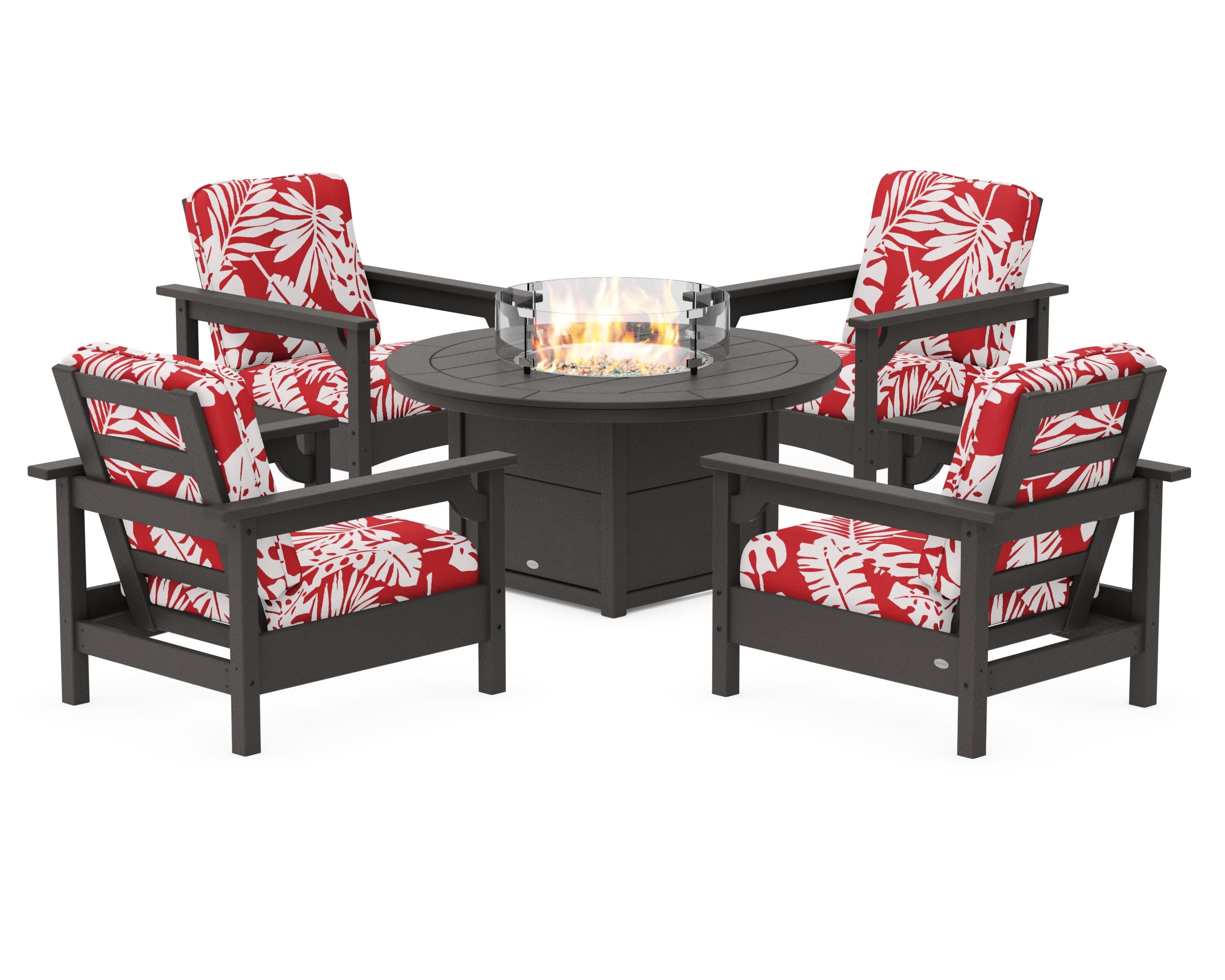 Club 5-Piece Conversation Set with Fire Pit Table in Vintage Coffee / Leaf Crimson