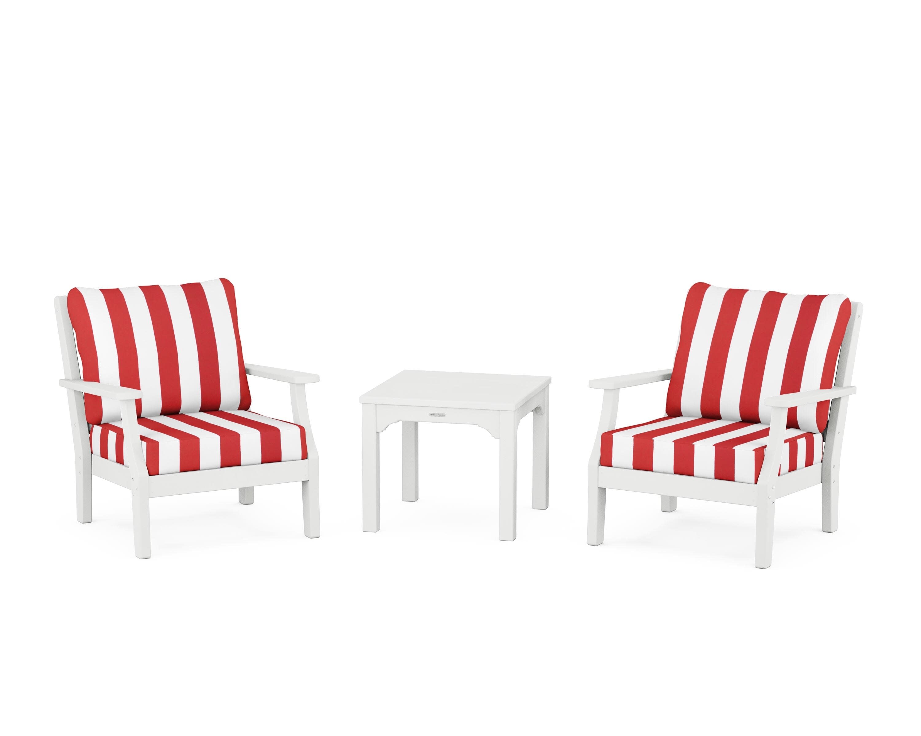 Chinoiserie 3-Piece Deep Seating Set in White / Cabana Stripe Crimson