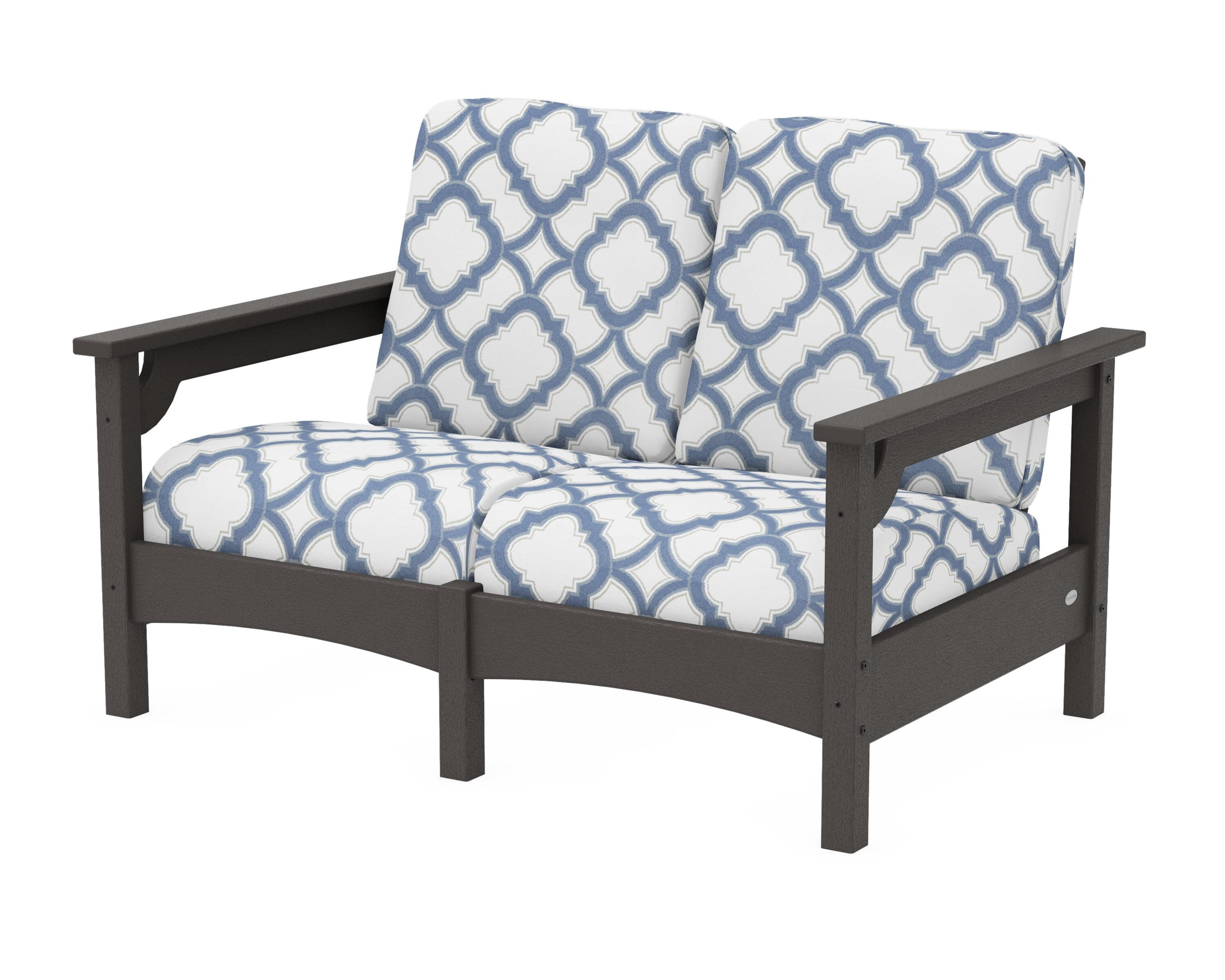 Club Loveseat in Vintage Coffee / Trellis Sky Blue