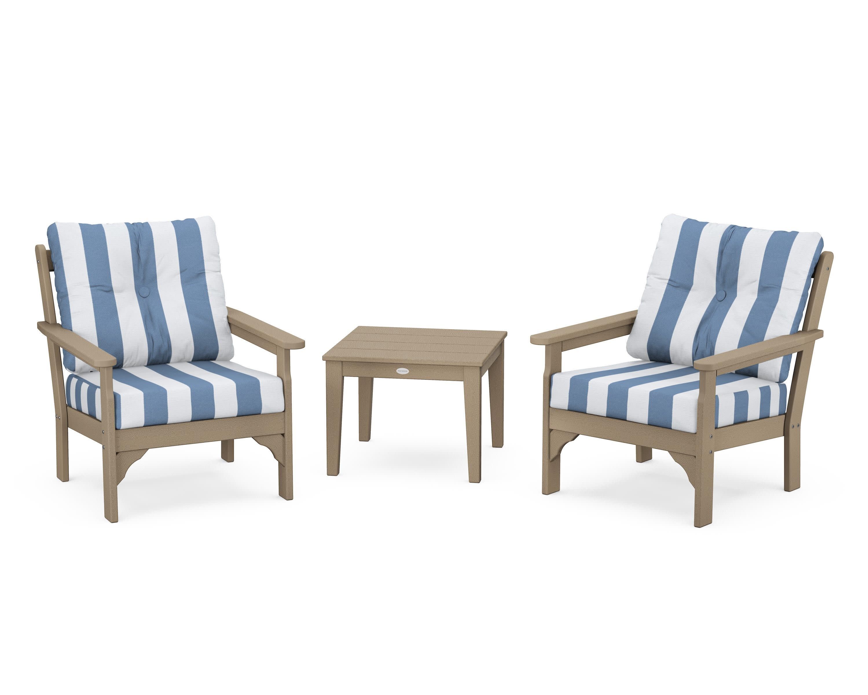 Vineyard 3-Piece Deep Seating Set in Vintage Sahara / Cabana Stripe Sky Blue