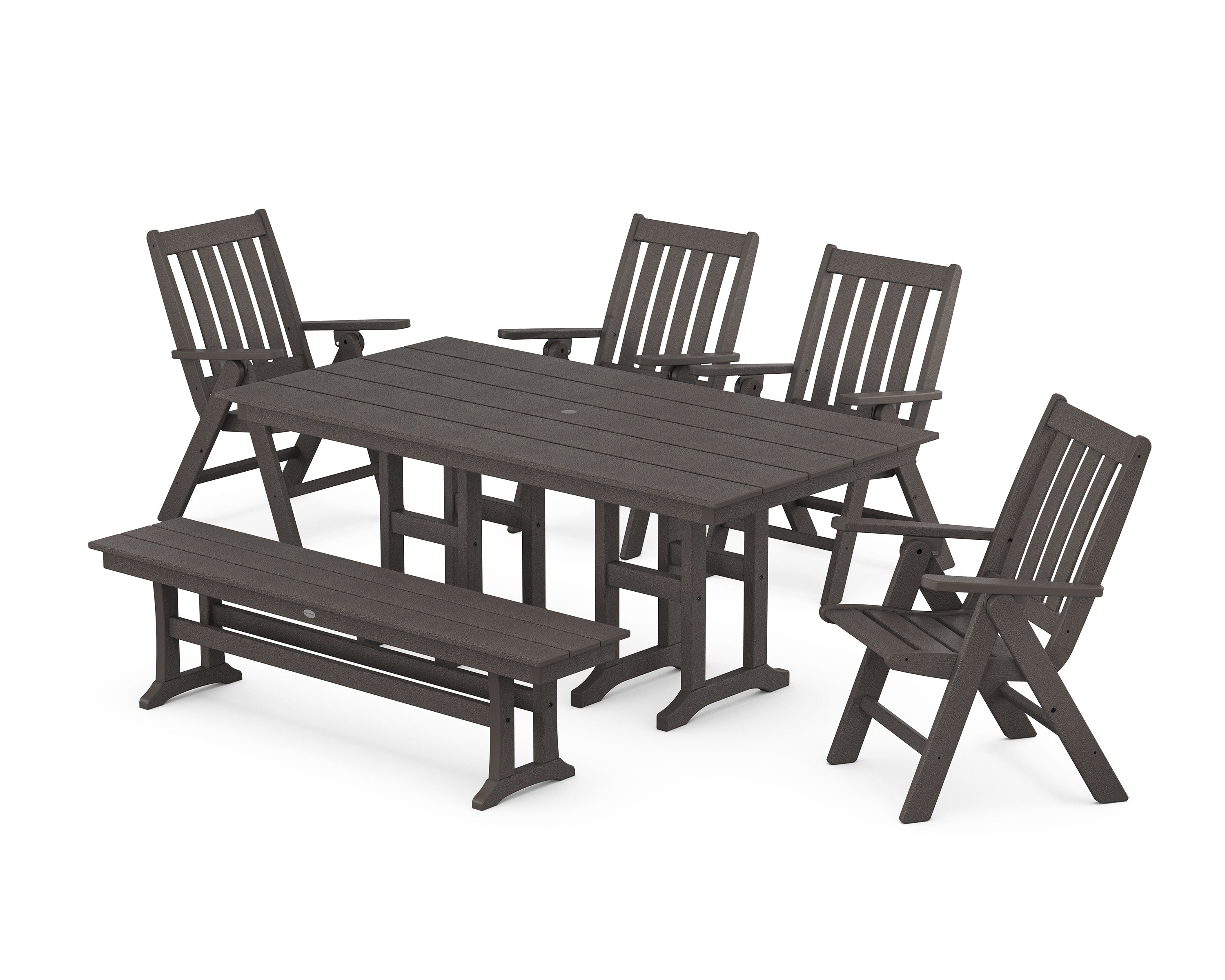 Vineyard Folding Chair 6-Piece Farmhouse Dining Set with Bench in Vintage Coffee