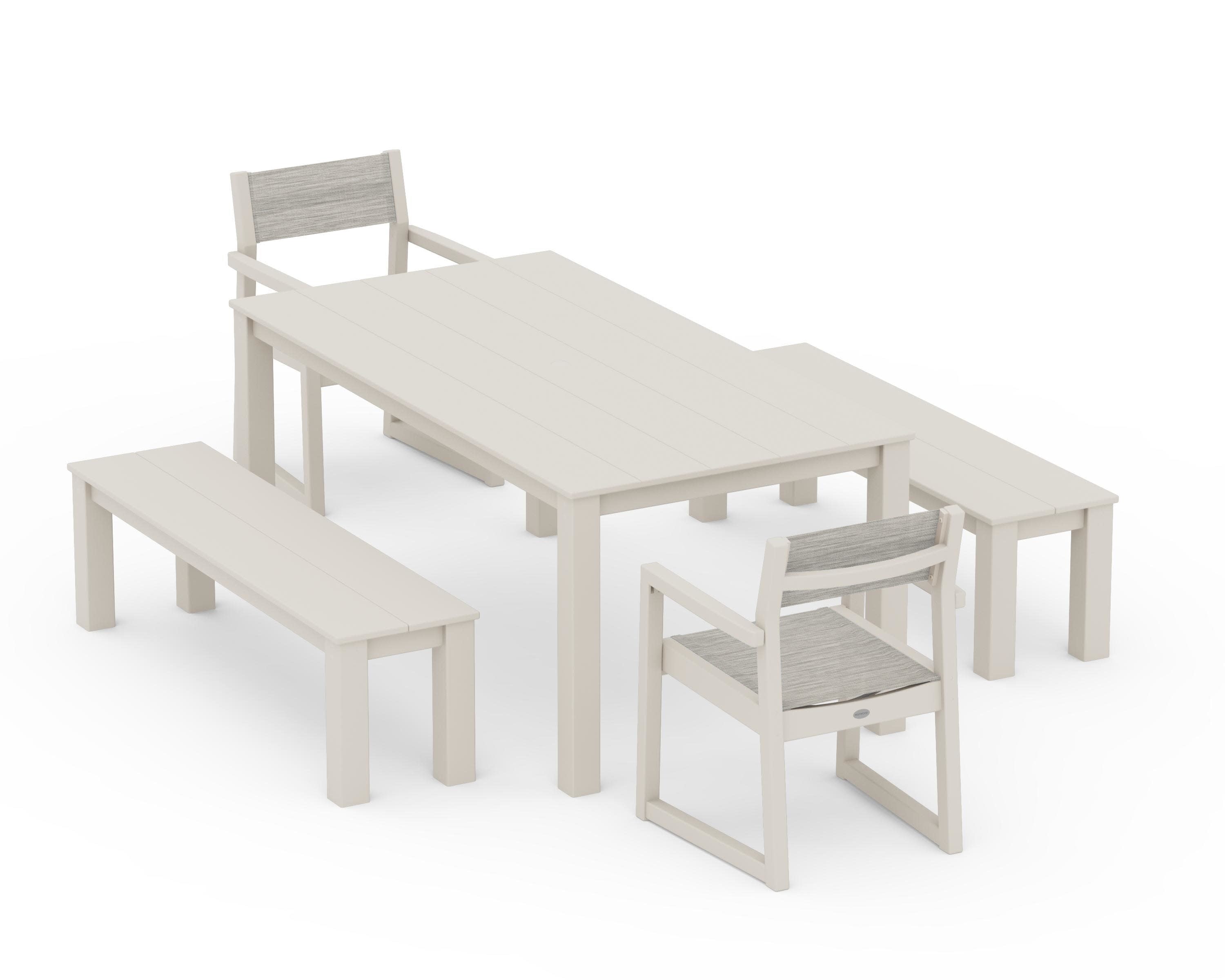 EDGE Sling Arm Chair 5-Piece Parsons Dining Set with Benches in Sand / Birch Sling