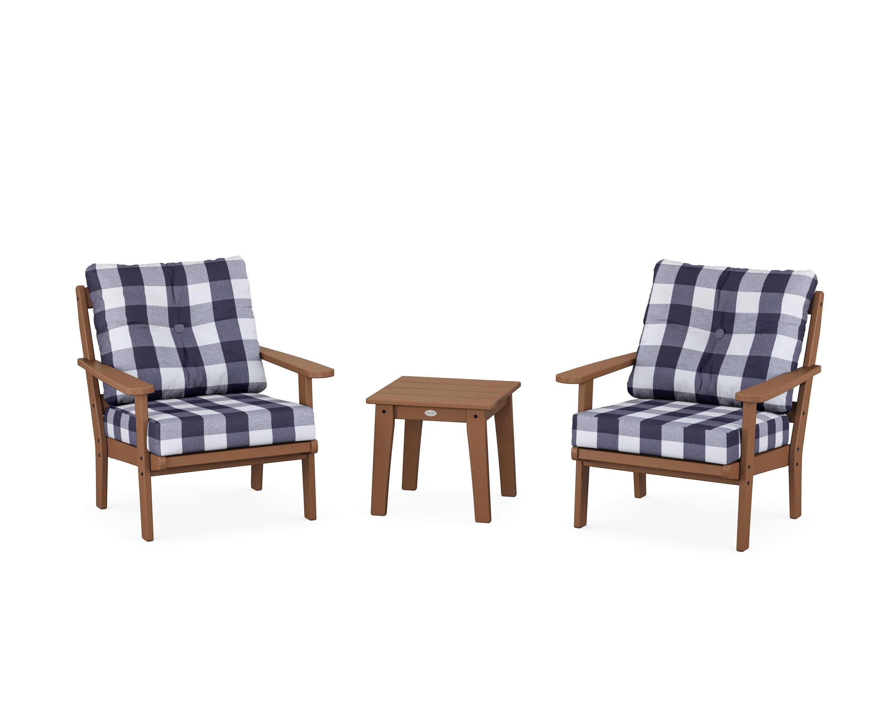 Mission 3-Piece Deep Seating Set in Teak / Buffalo Plaid Navy