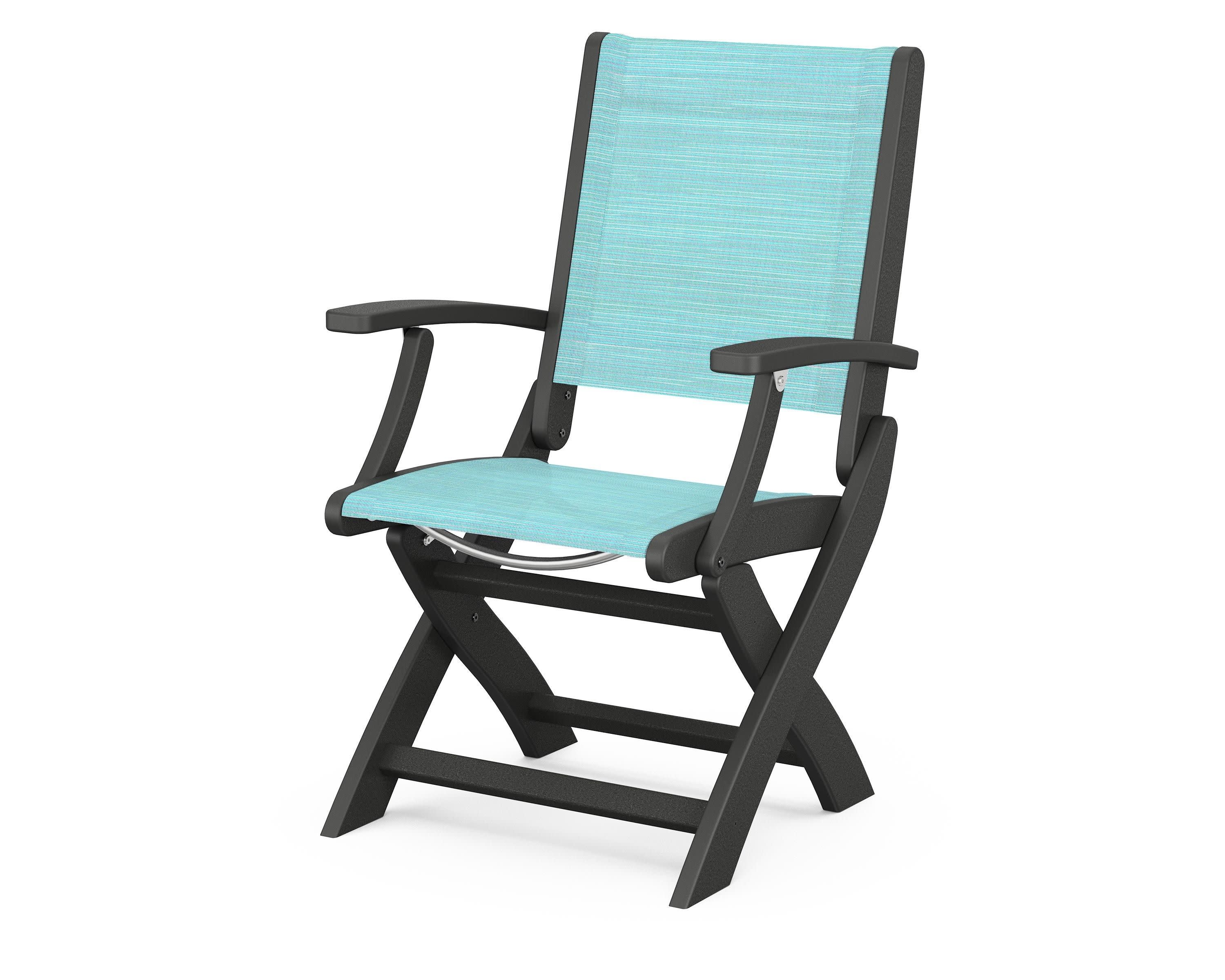 Coastal Folding Chair in Black / Dupioni Aquamarine Sling
