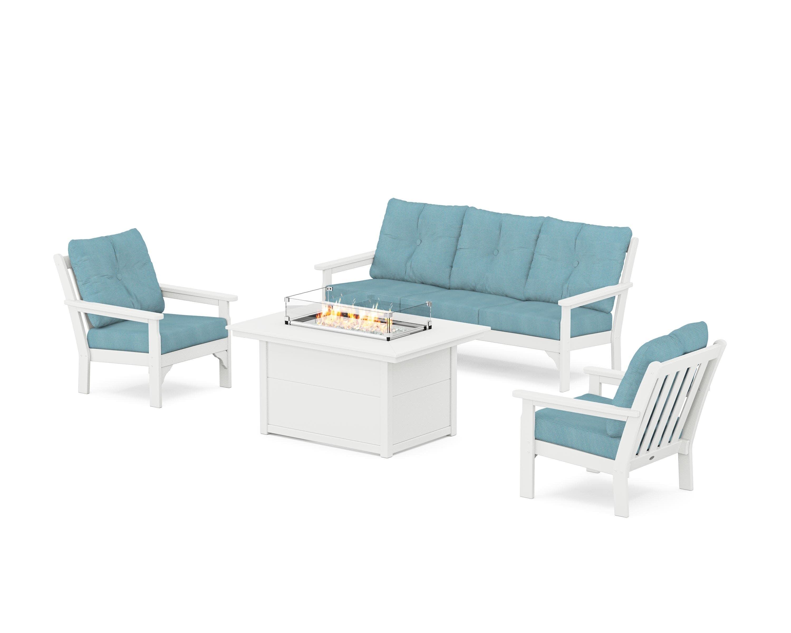 Vineyard Deep Seating Fire Pit Table Set in White / Lattice Sky Blue