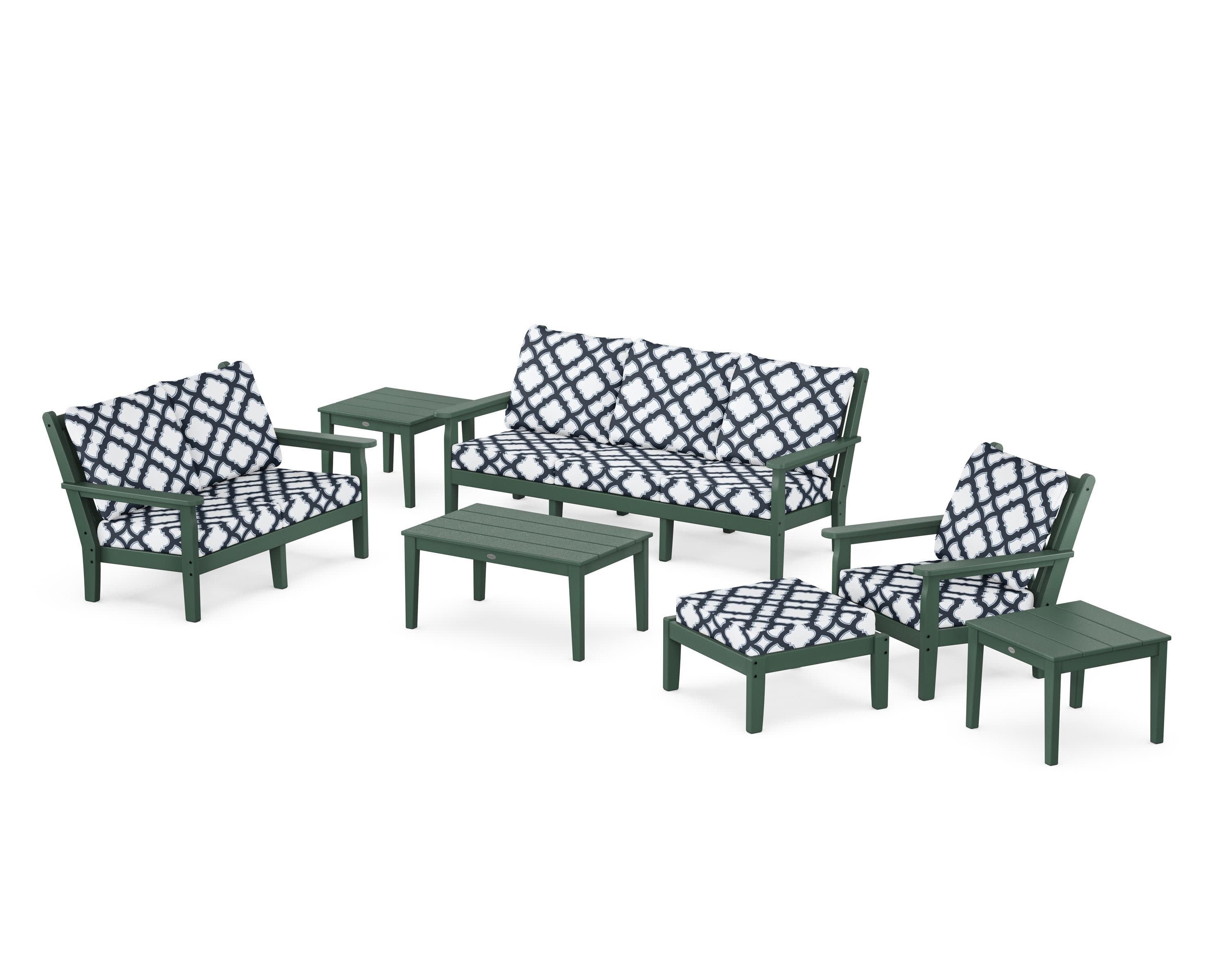 Chippendale 7-Piece Deep Seating Set in Green / Trellis Marine Indigo
