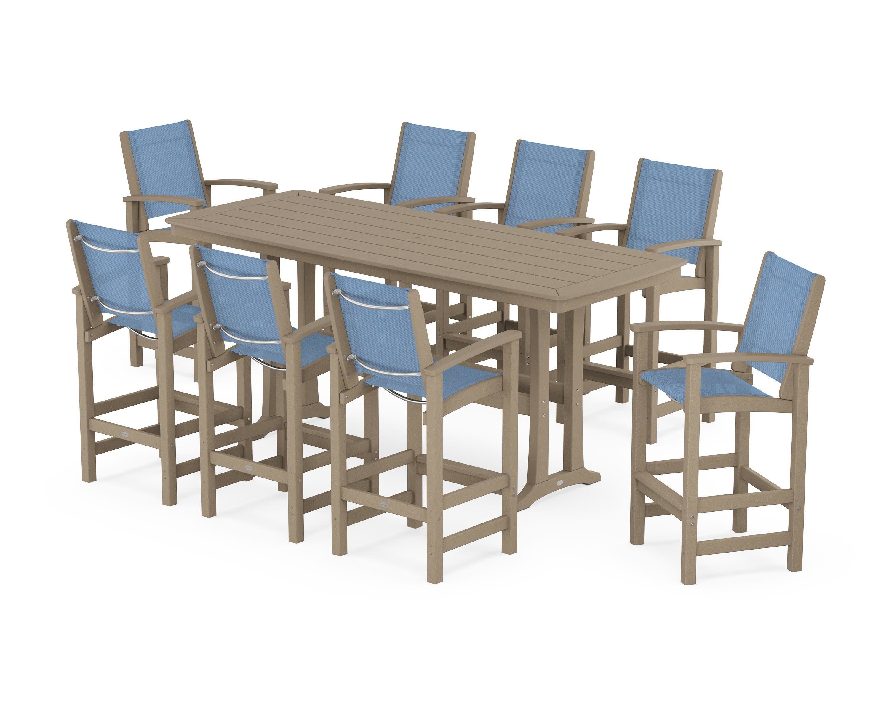 Coastal 9-Piece Bar Set with Trestle Legs in Vintage Sahara / Poolside Sling
