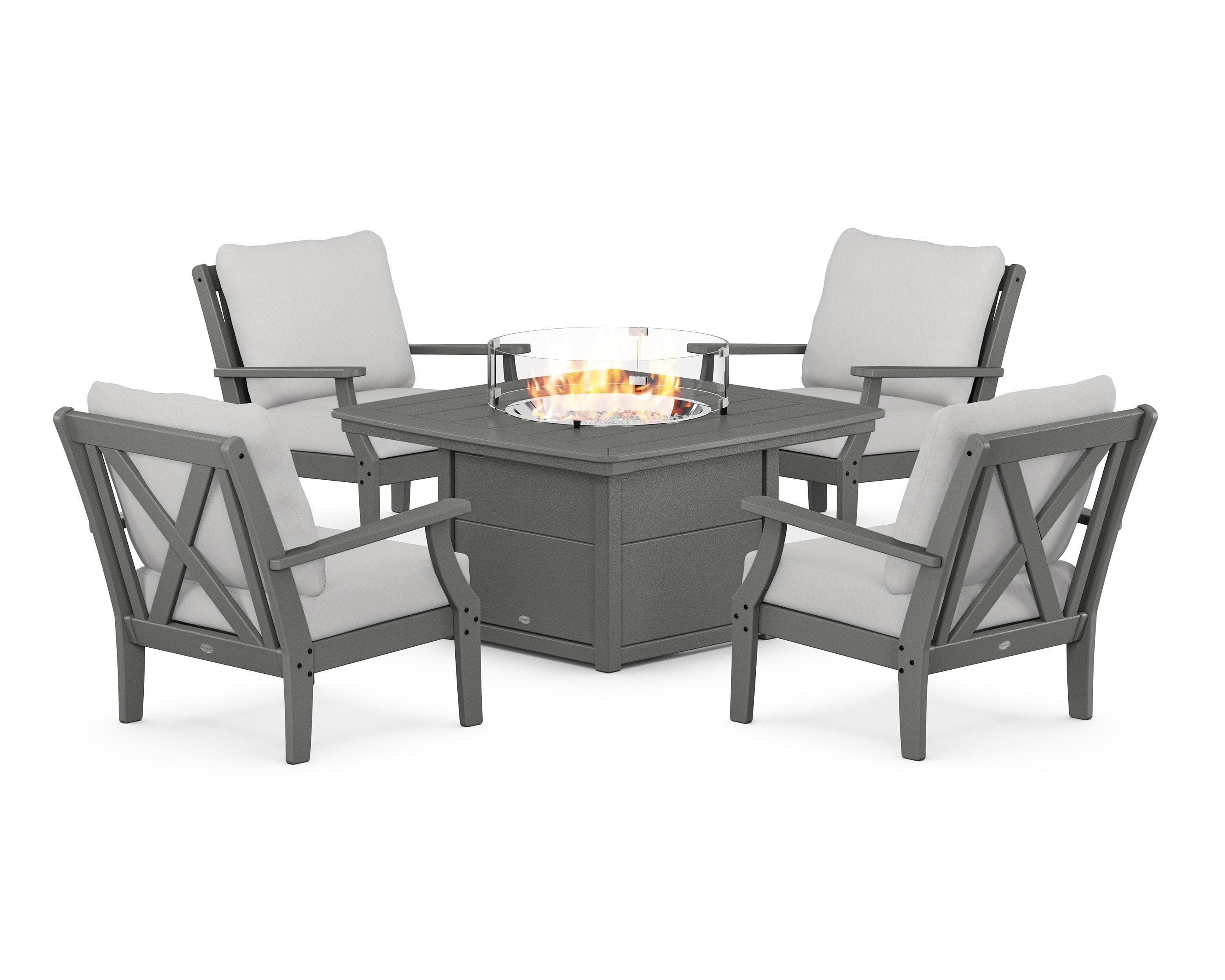 Braxton 5-Piece Deep Seating Conversation Set with Fire Pit Table in Slate Grey / Diamond in the Rough