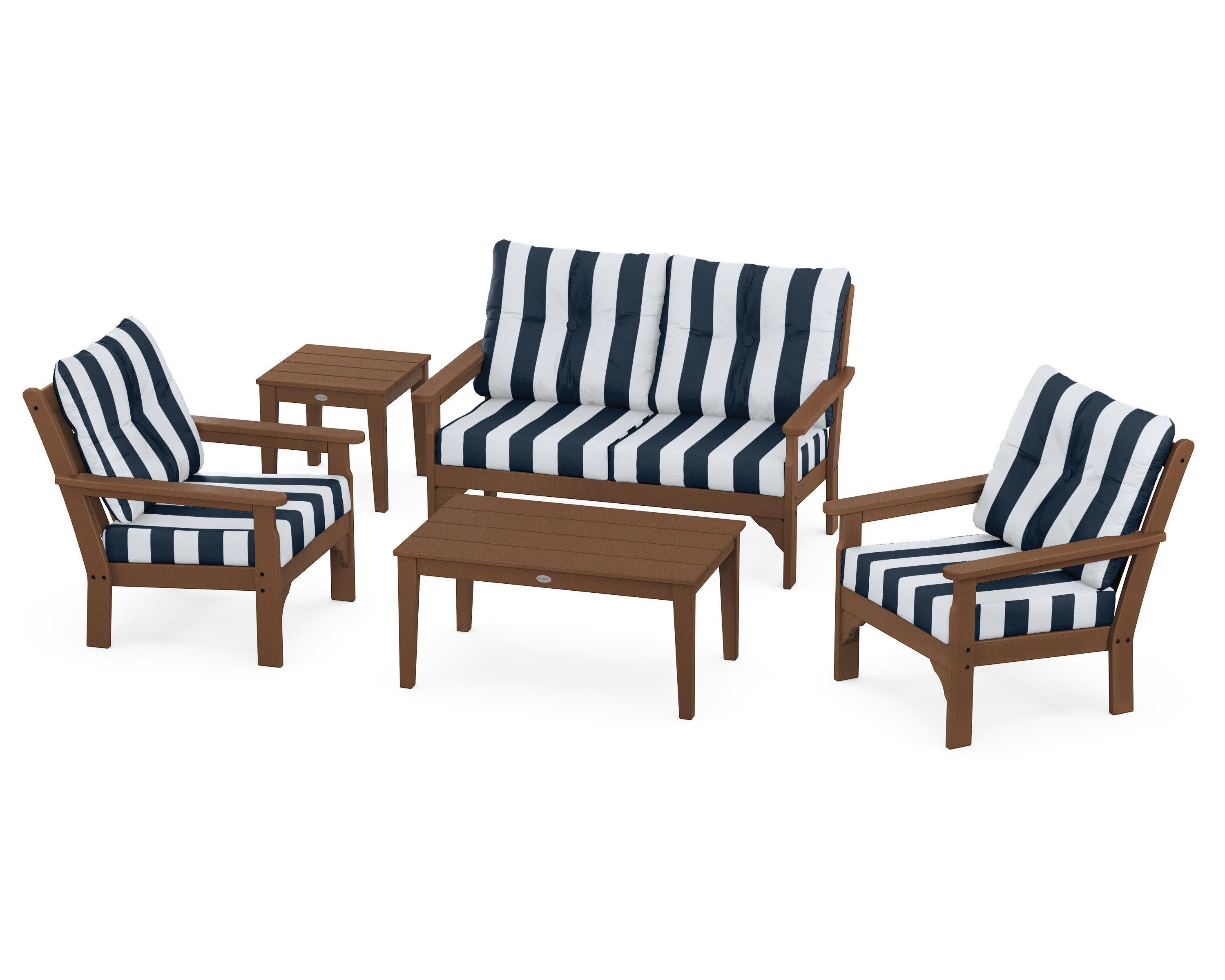 Vineyard 5-Piece Deep Seating Set in Teak / Cabana Stripe Marine Indigo