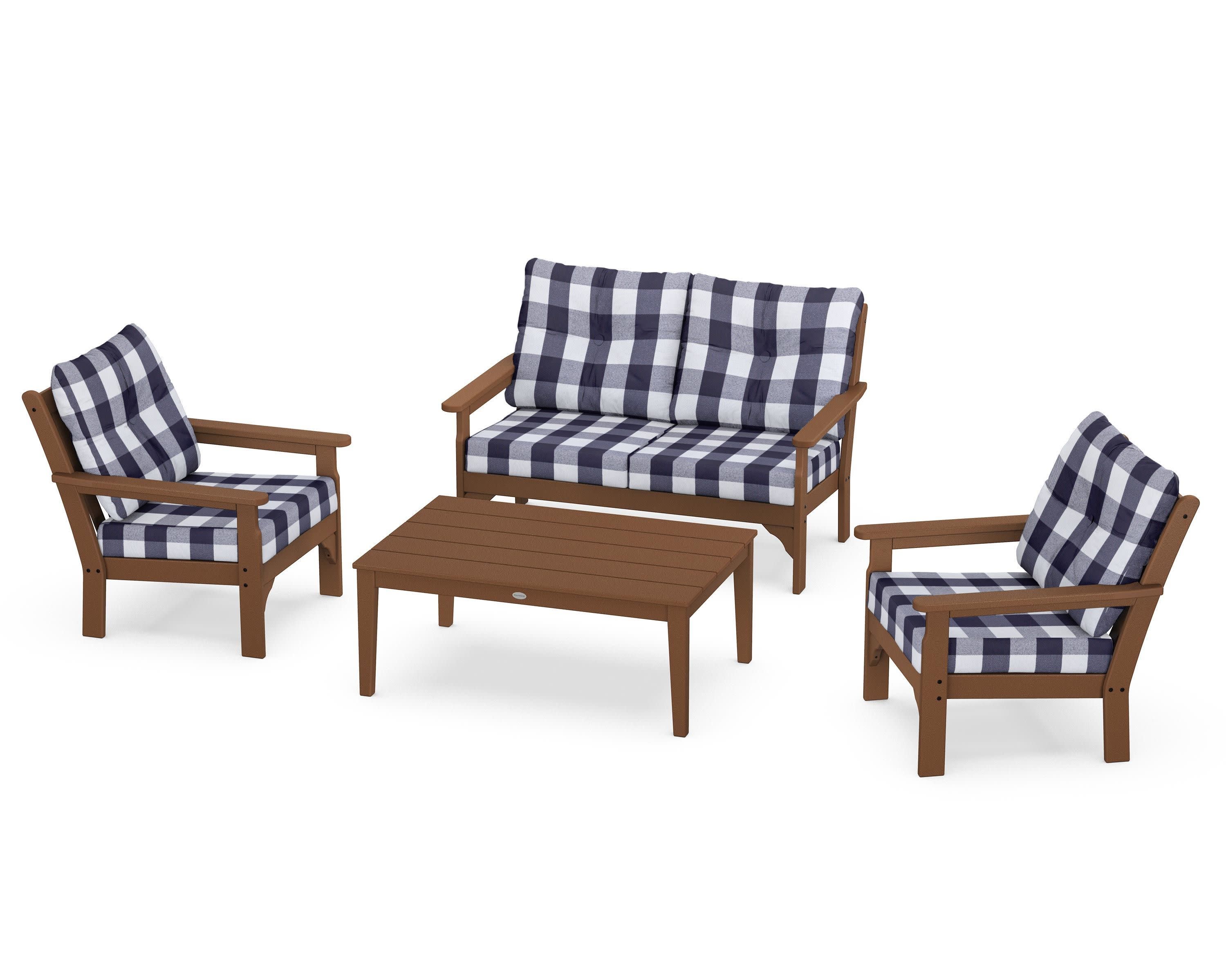 Vineyard 4-Piece Deep Seating Set in Teak / Buffalo Plaid Navy