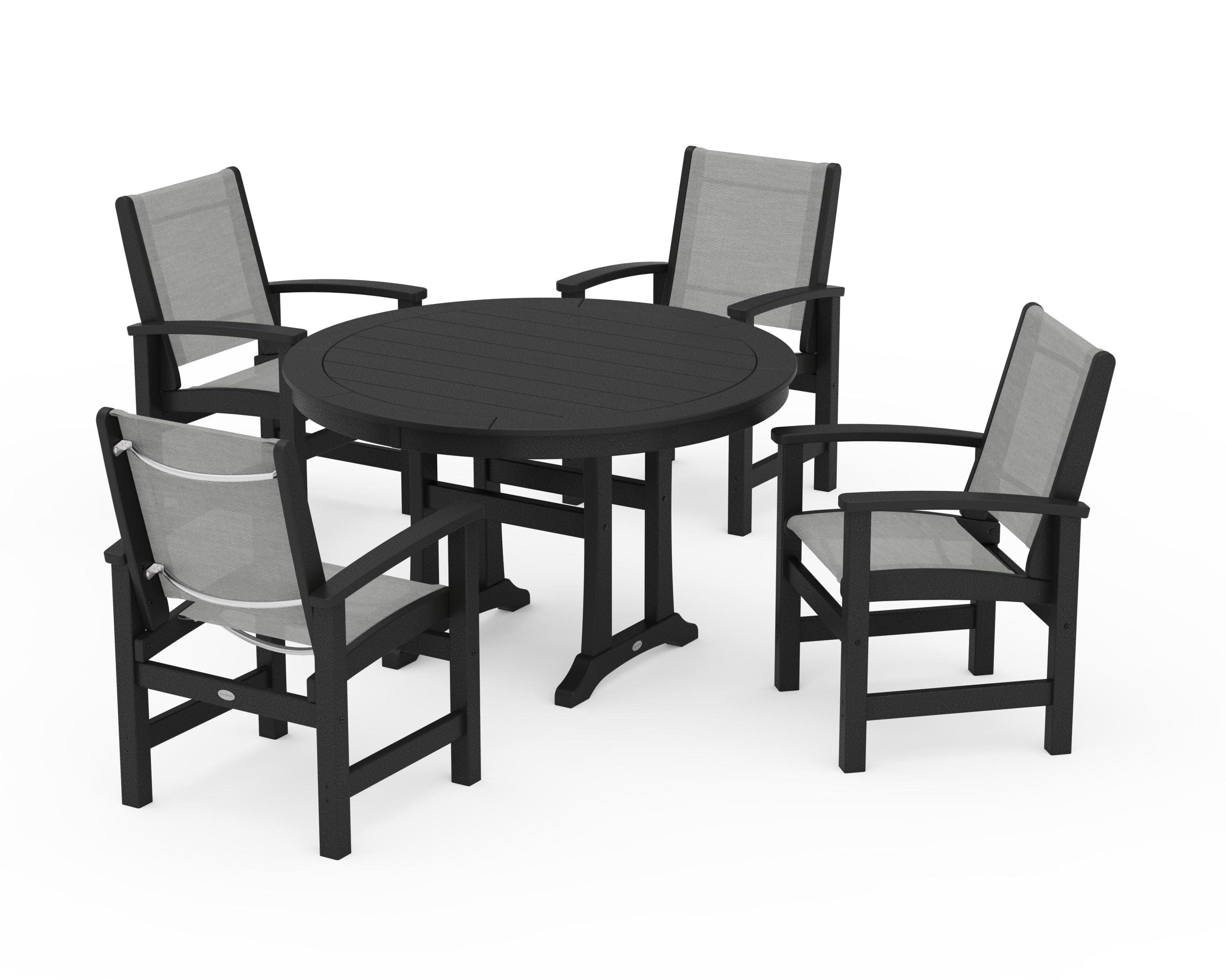 Coastal 5-Piece Round Dining Set with Trestle Legs in Black / Metallic Sling