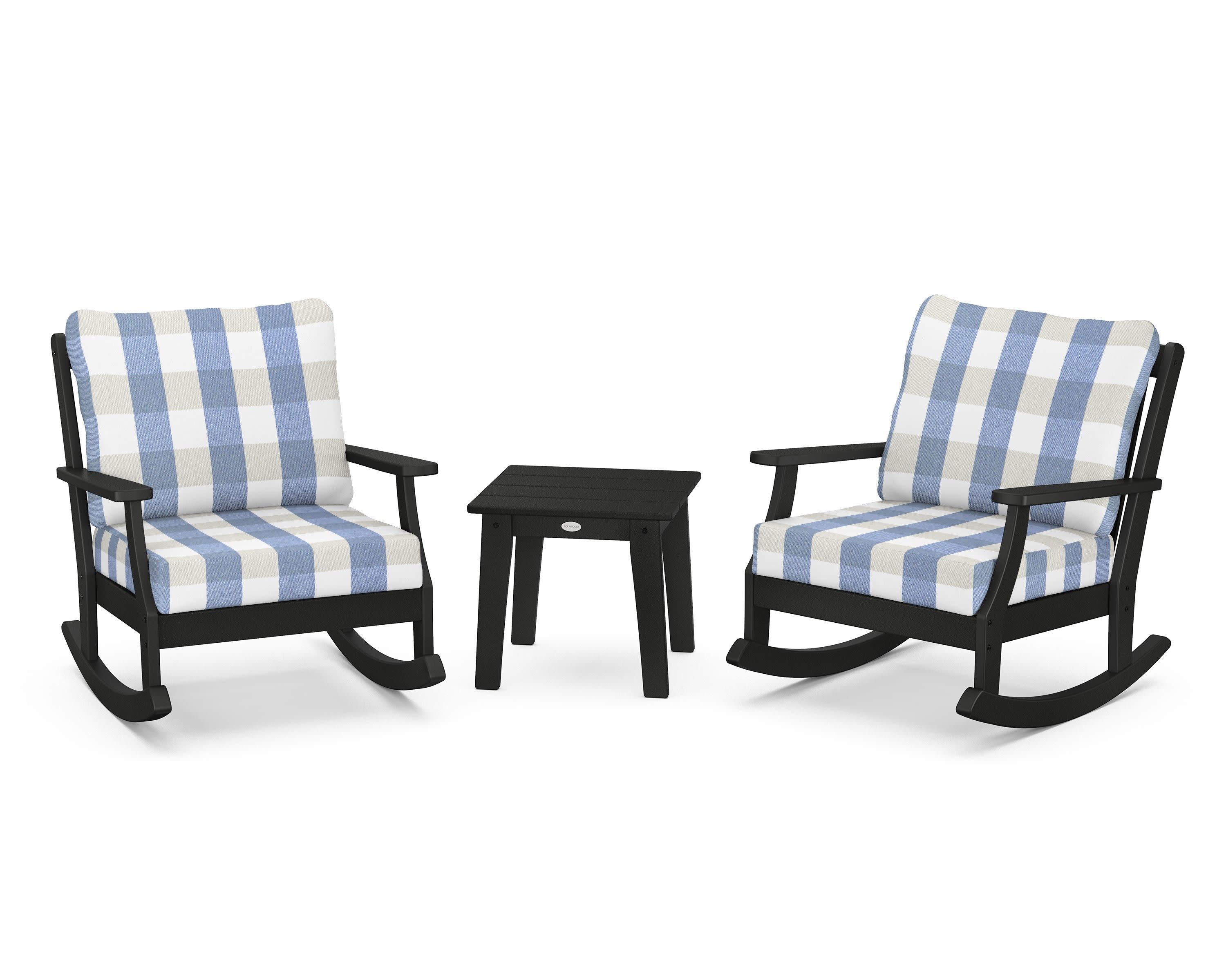 Braxton 3-Piece Deep Seating Rocker Set in Black / Buffalo Plaid Sky Blue