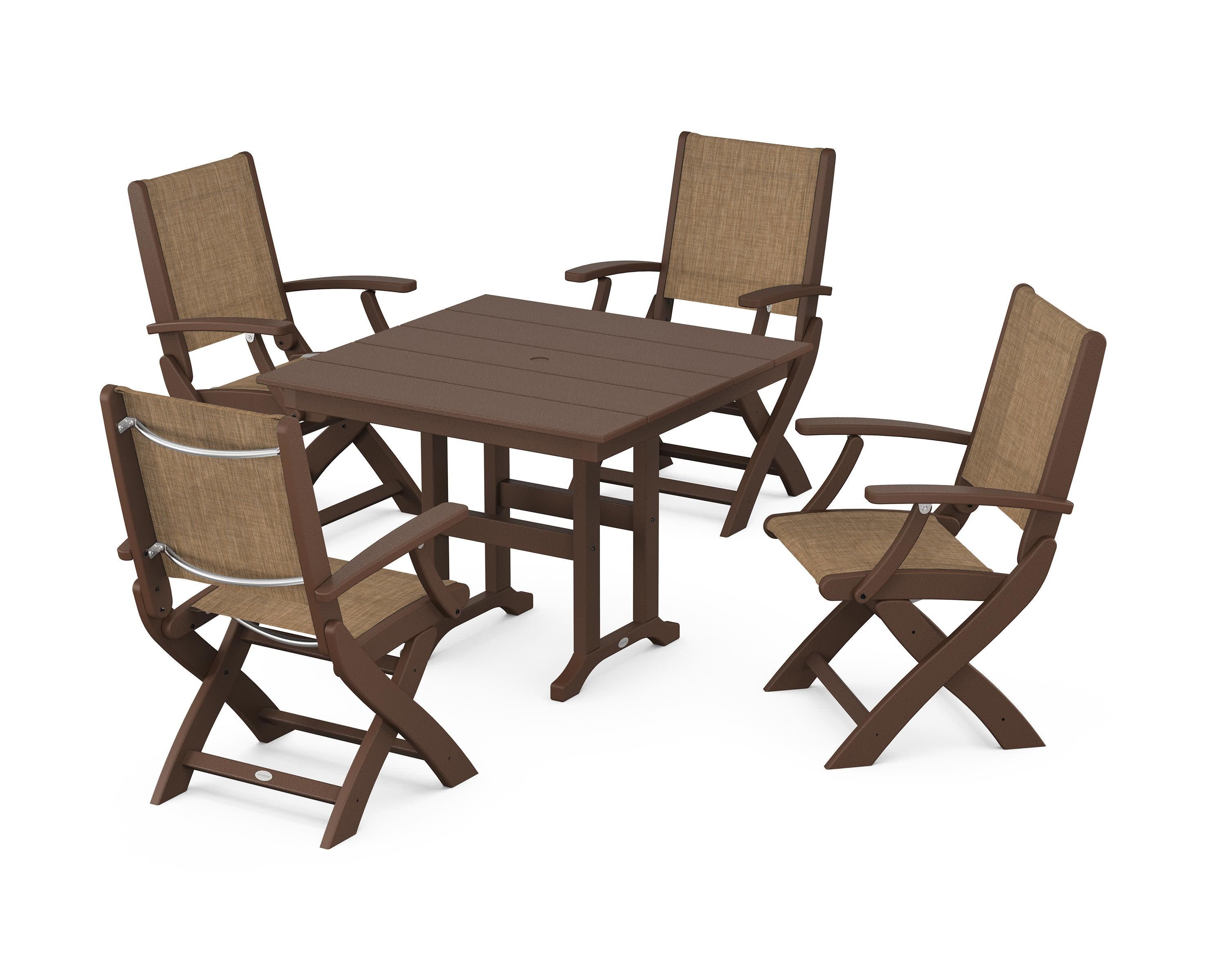 Coastal Folding Chair 5-Piece Farmhouse Dining Set in Mahogany / Burlap Sling