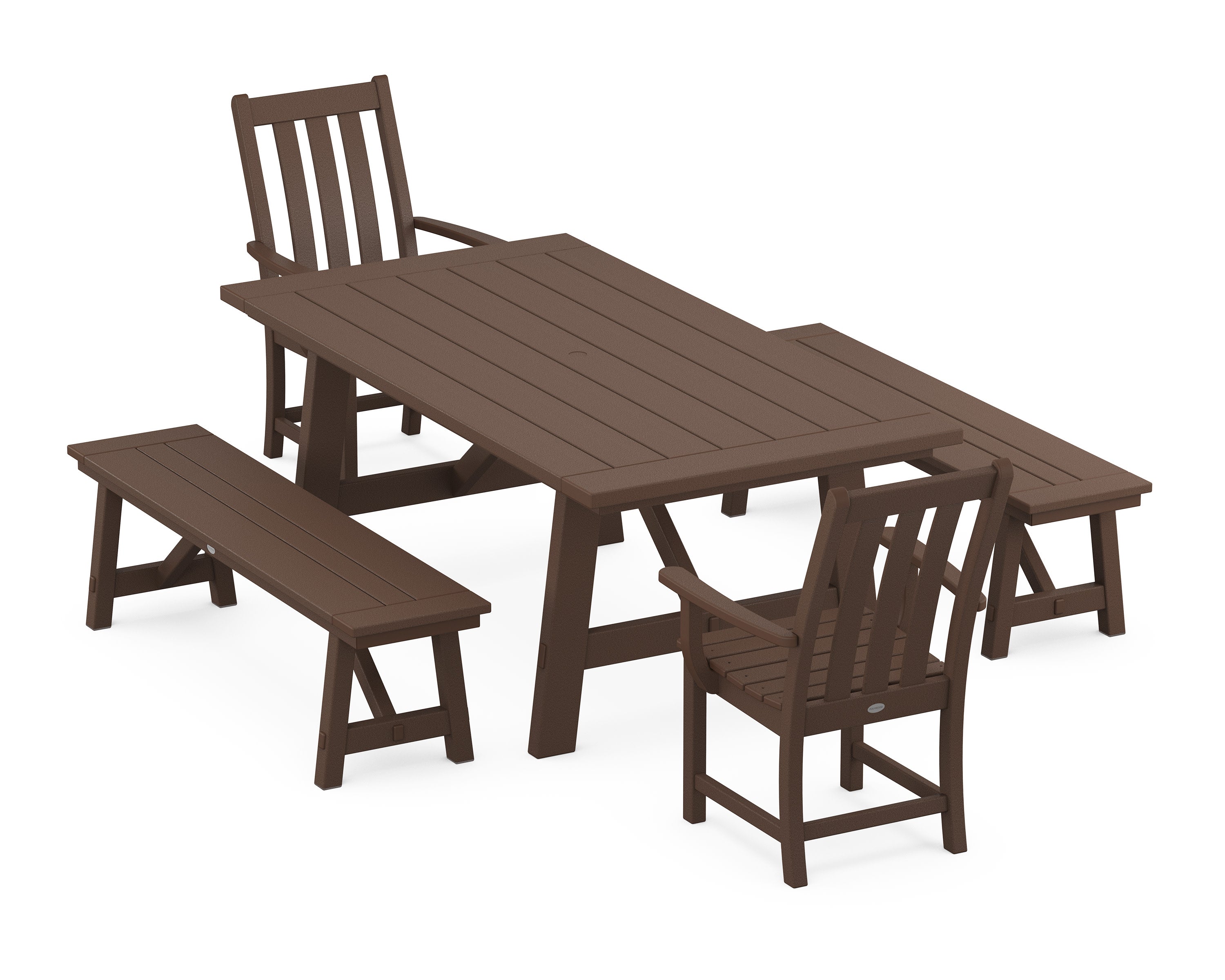 Vineyard 5-Piece Rustic Farmhouse Dining Set With Benches in Mahogany