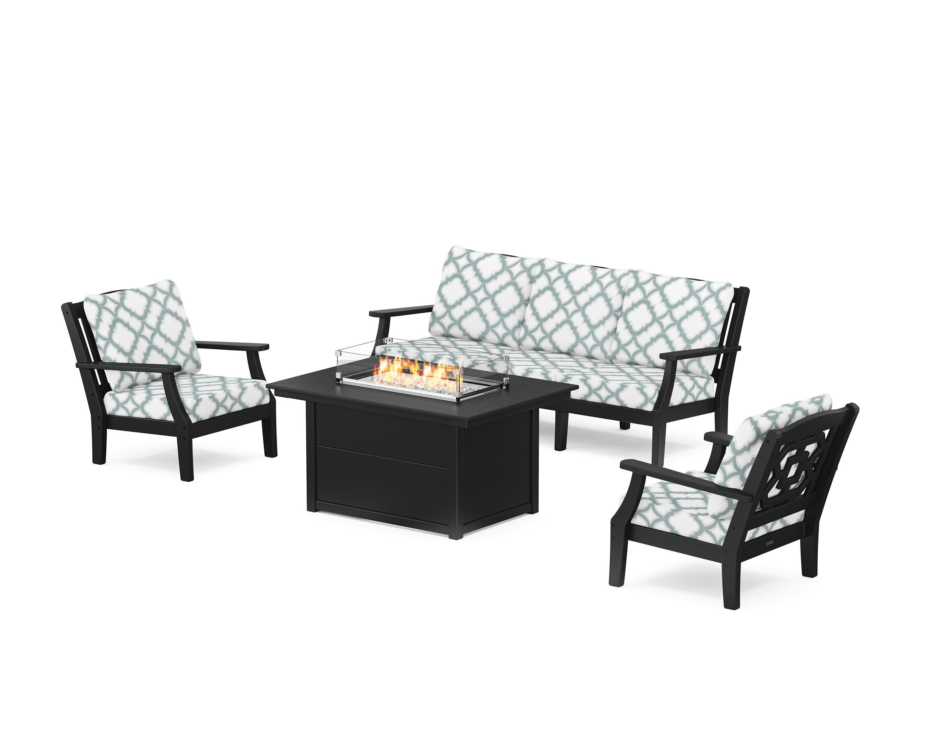 Chinoiserie Deep Seating Fire Pit Table Set in Black / Trellis Glacier Spa