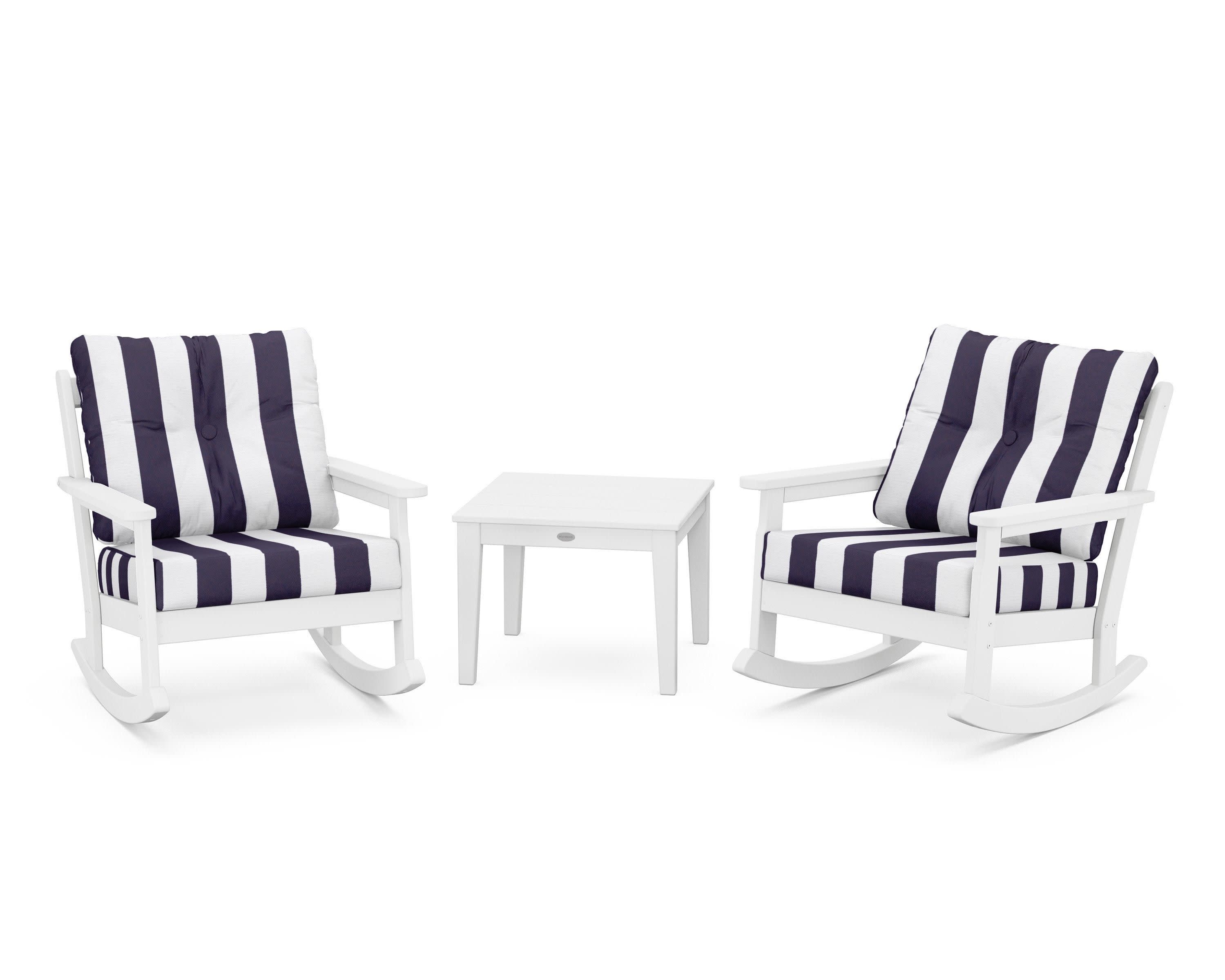 Vineyard 3-Piece Deep Seating Rocker Set in White / Cabana Stripe Navy
