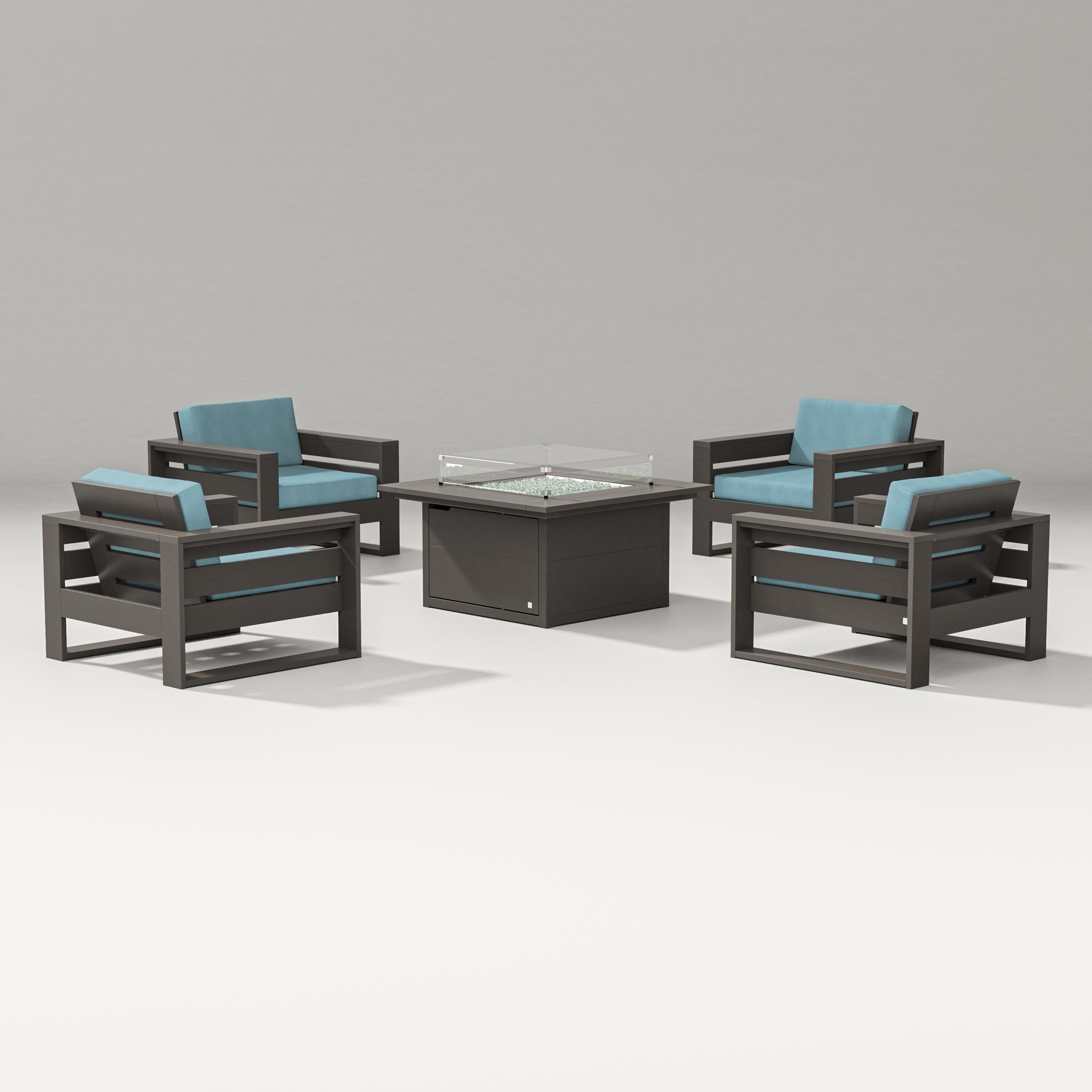 Latitude 5-Piece Lounge Fire Table Set in Vintage Coffee / Lattice Sky Blue
