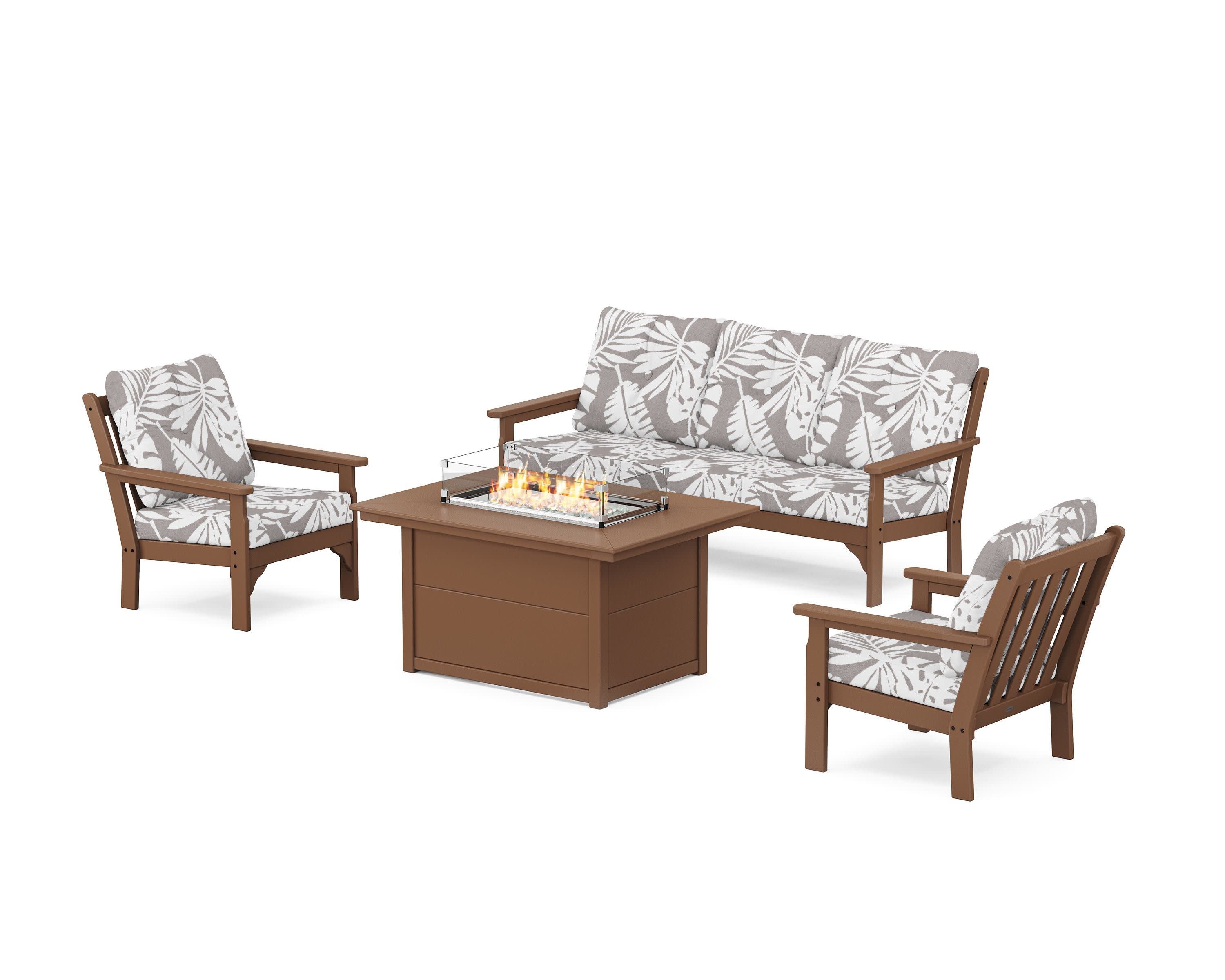 Vineyard Deep Seating Fire Pit Table Set in Teak / Leaf Grey Mist
