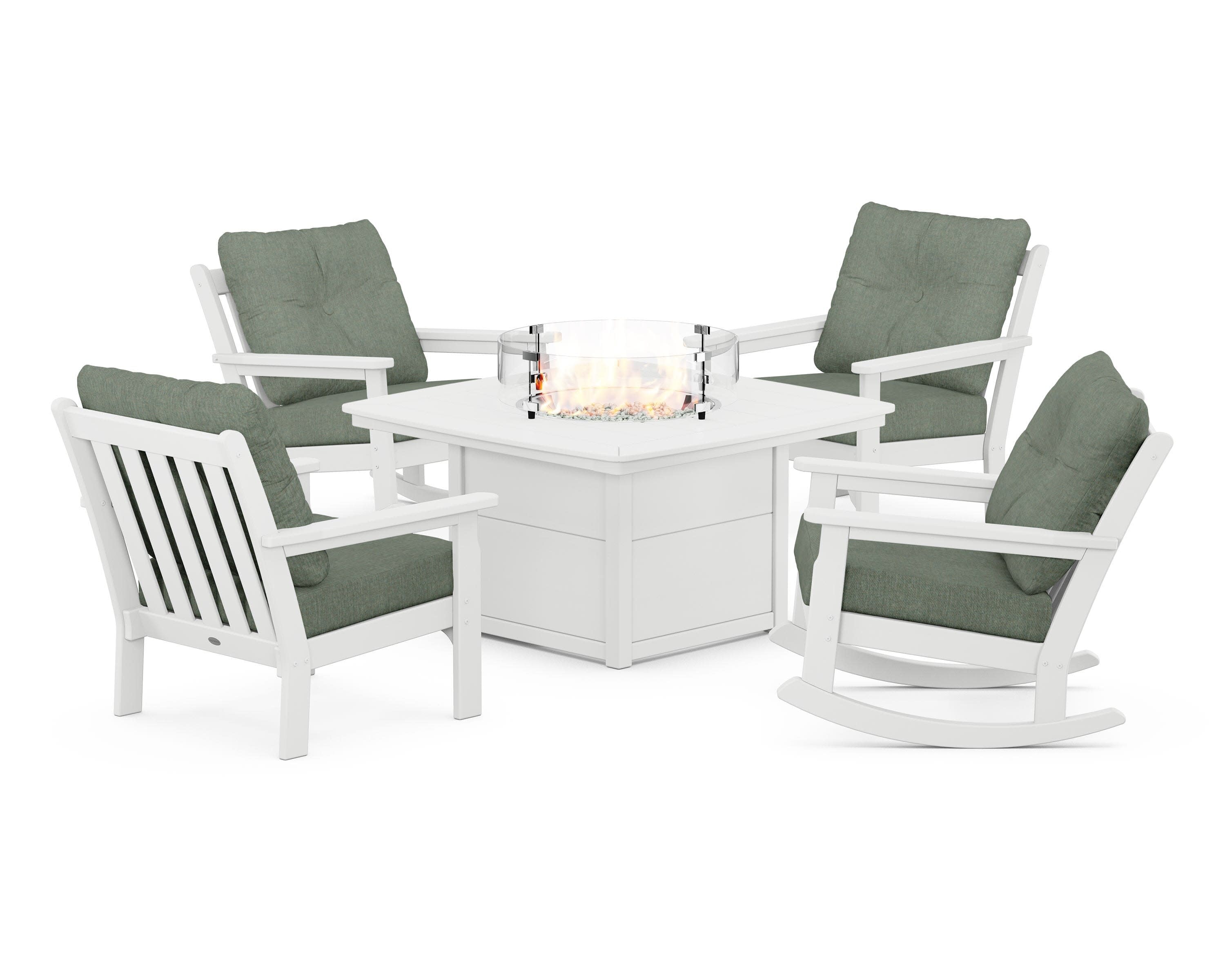 Vineyard 5-Piece Deep Seating Rocking Chair Conversation Set with Fire Pit Table in White / Cast Sage