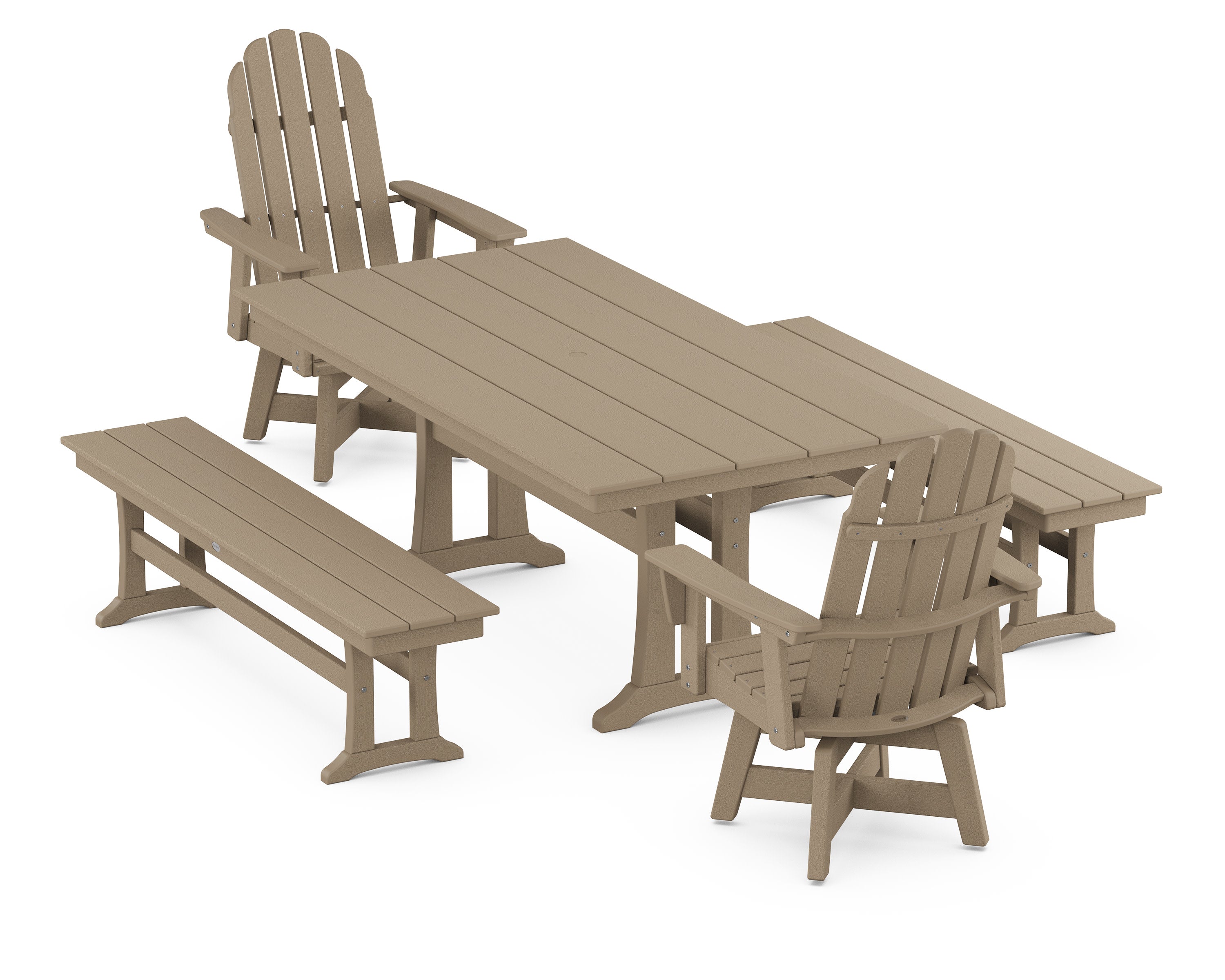 Vineyard Curveback Adirondack Swivel Chair 5-Piece Farmhouse Dining Set With Trestle Legs and Benches in Vintage Sahara