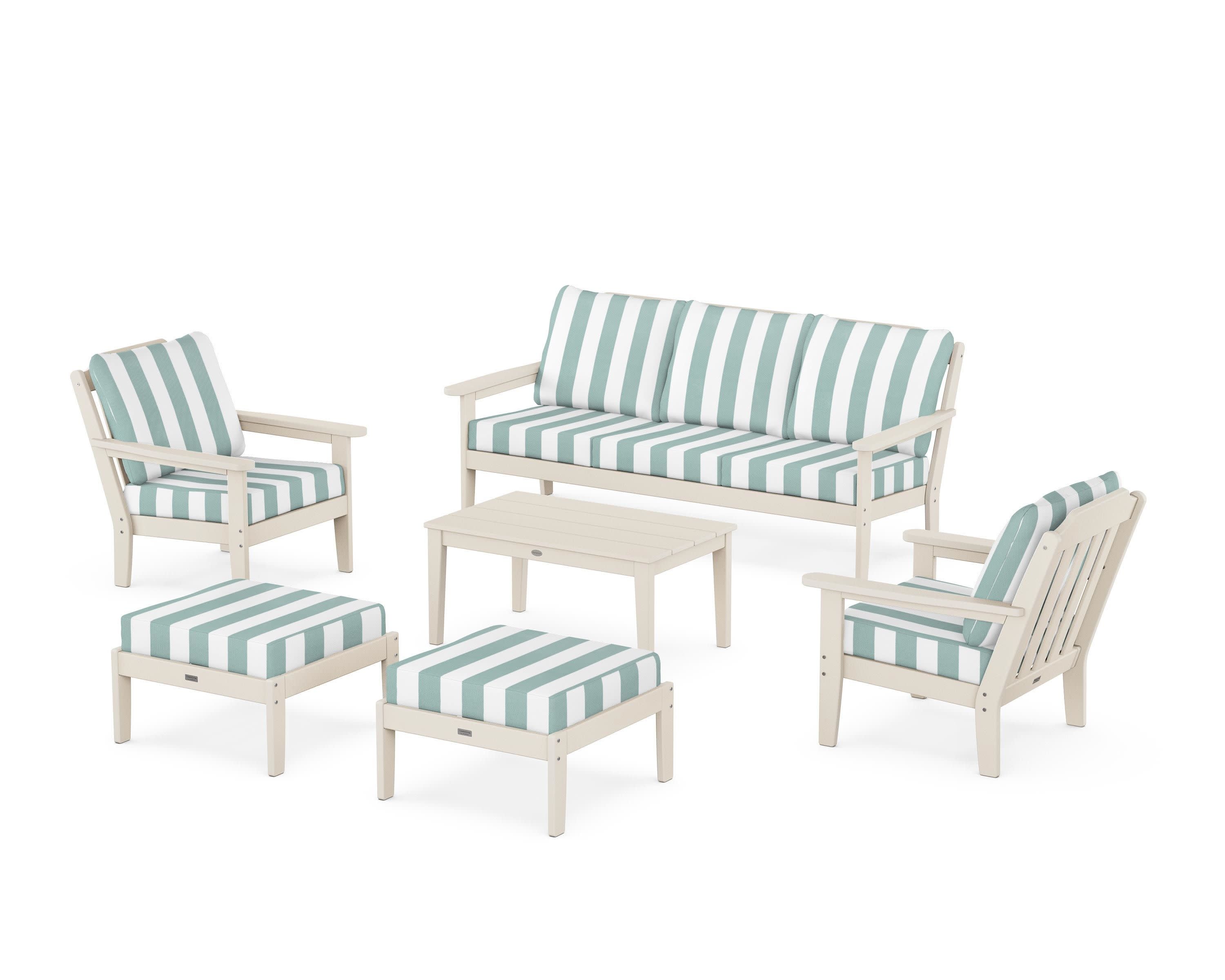 Cottage 6-Piece Lounge Sofa Set in Sand / Cabana Stripe Glacier Spa