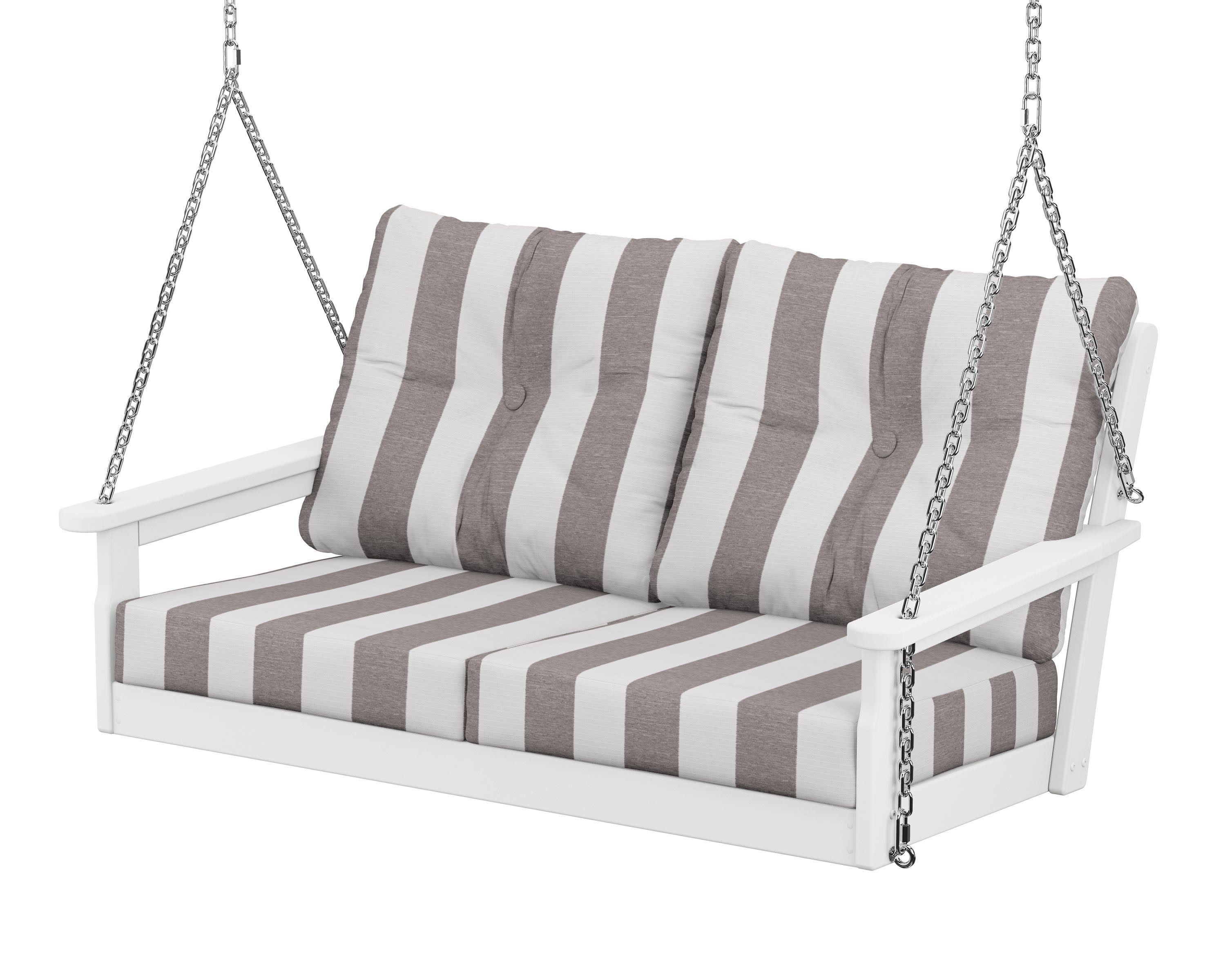 Vineyard Deep Seating Swing in White / Cabana Stripe Grey Mist