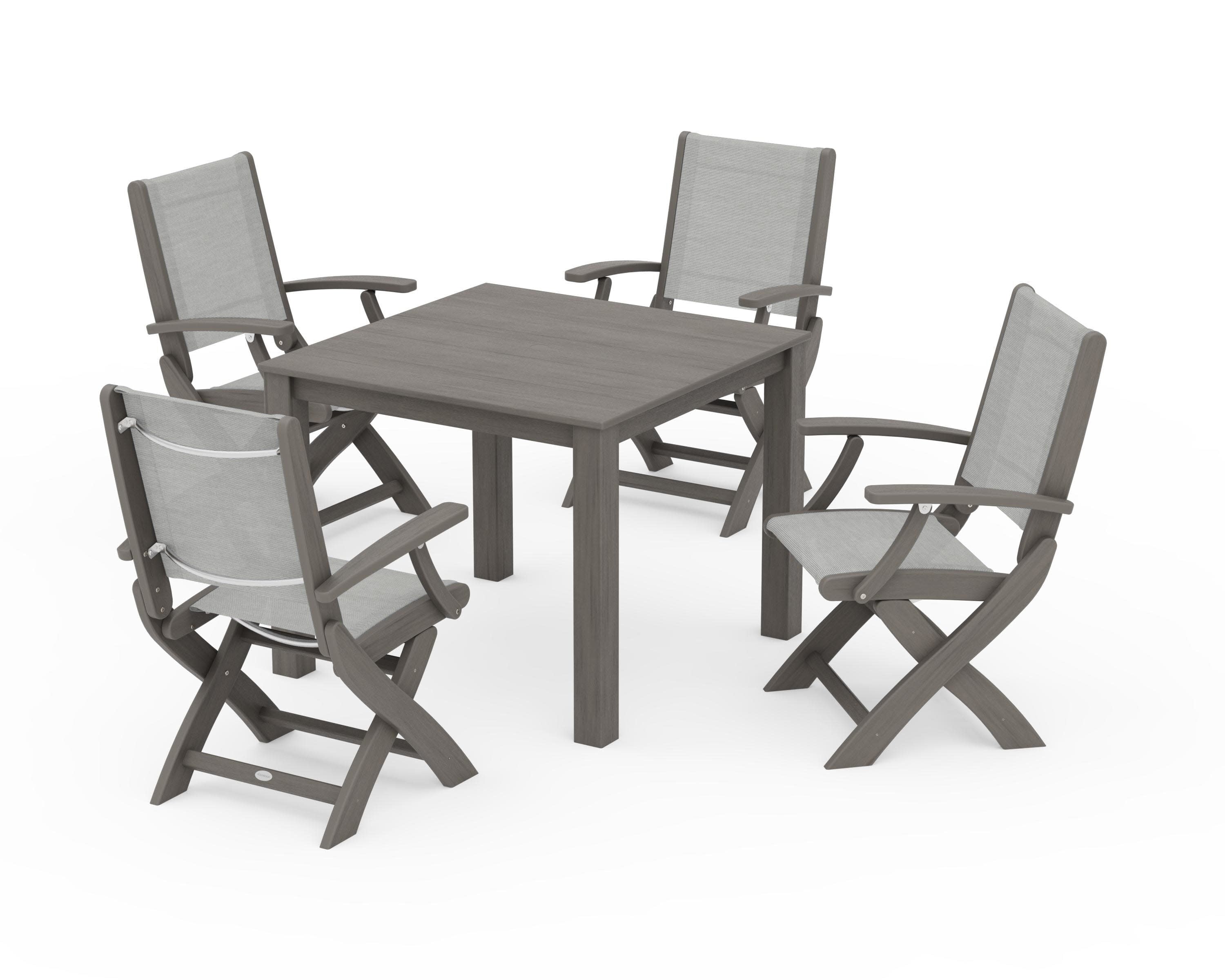 Coastal Folding Chair 5-Piece Parsons Dining Set in Driftwood / Metallic Sling