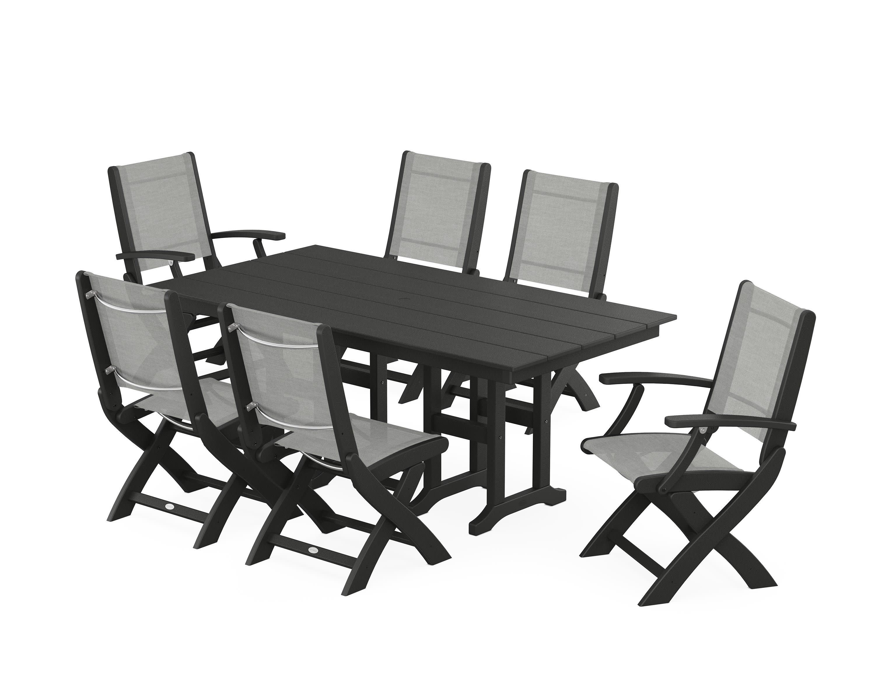 Coastal Folding Chair 7-Piece Farmhouse Dining Set in Black / Metallic Sling