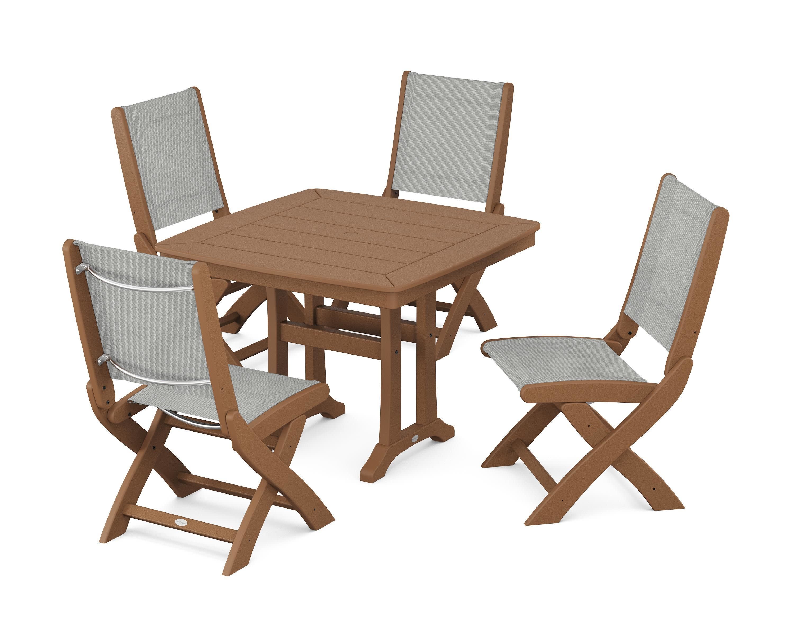 Coastal Folding Side Chair 5-Piece Dining Set with Trestle Legs in Teak / Metallic Sling