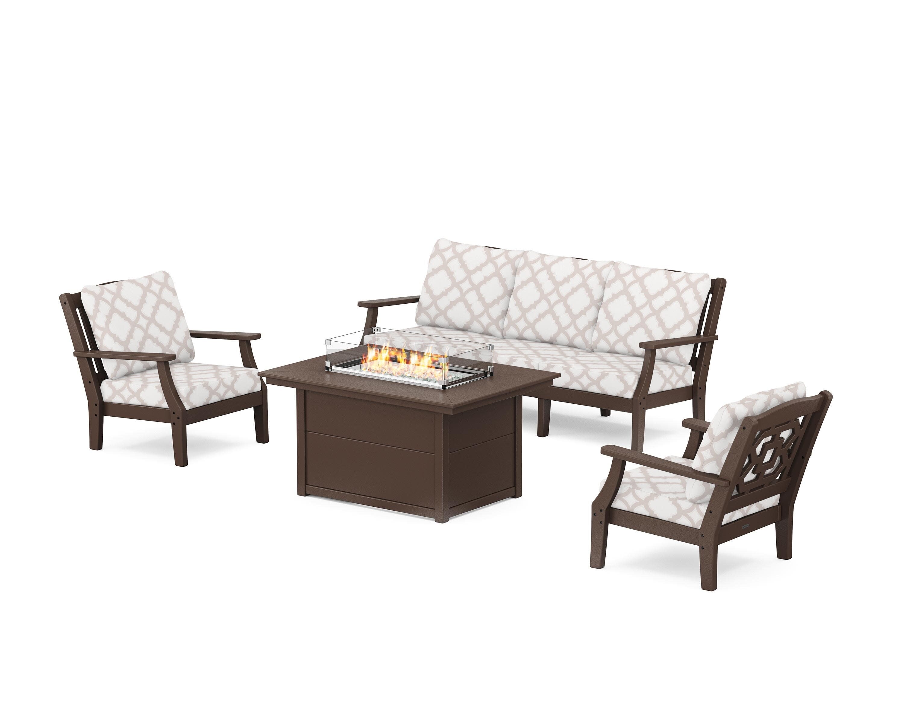 Chinoiserie Deep Seating Fire Pit Table Set in Mahogany / Trellis Dune Burlap